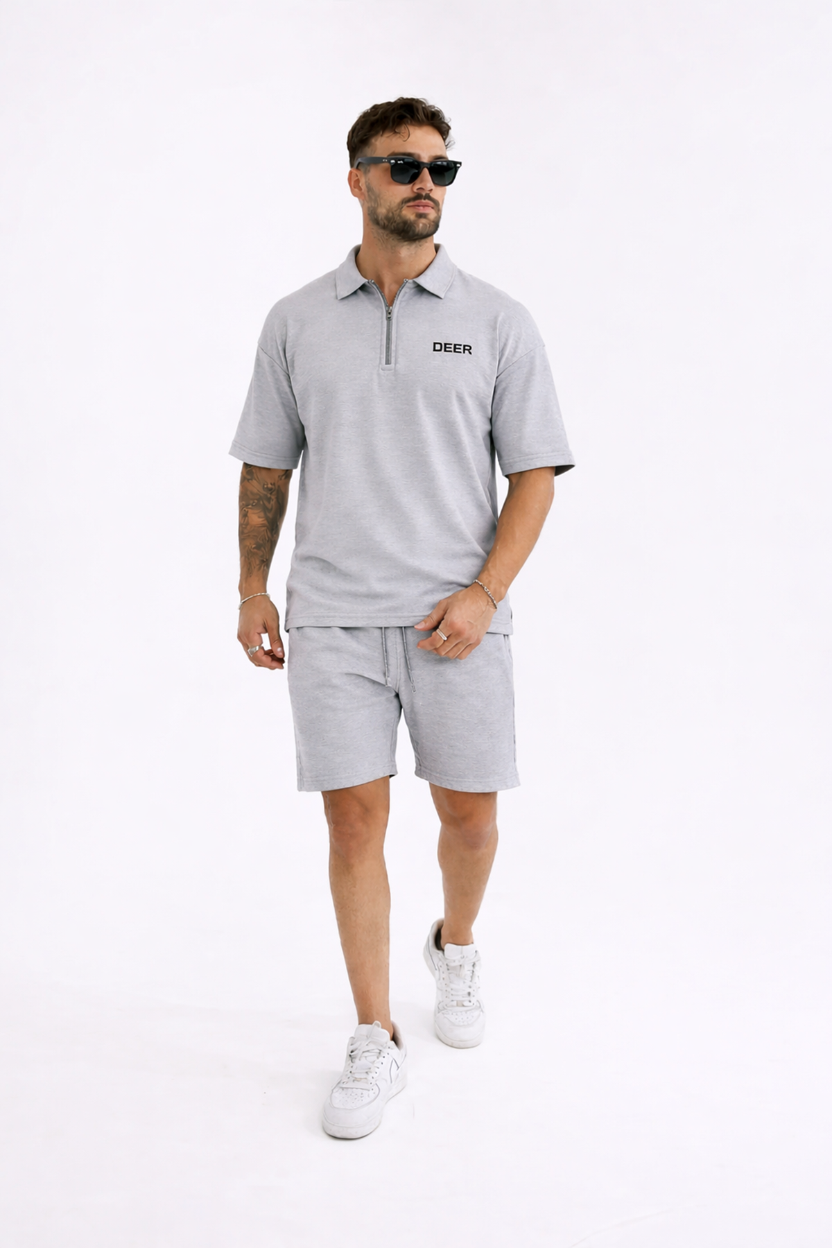 Erkek Polo Yaka Tişört Bol Şort Gri Yazlık İkili Takım