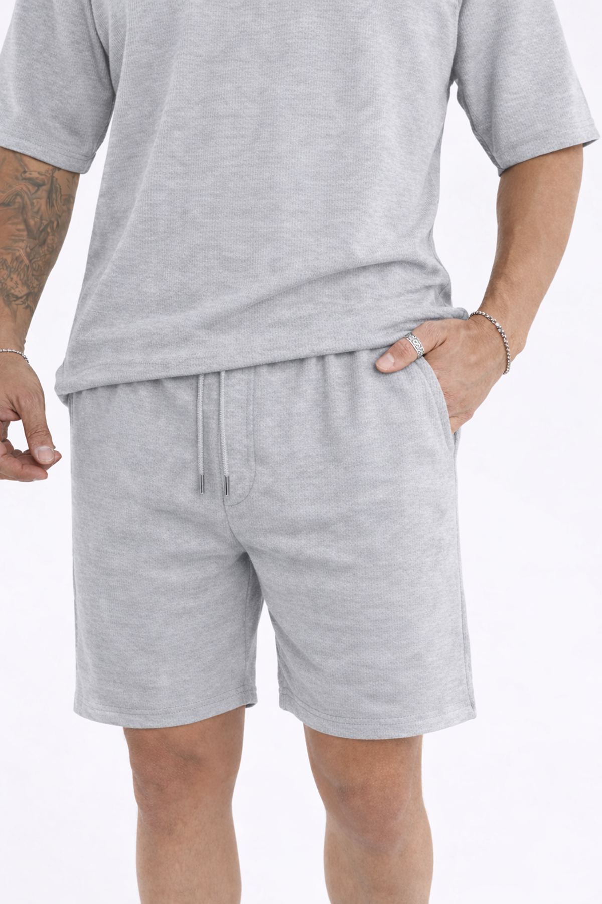 Erkek Polo Yaka Tişört Bol Şort Gri Yazlık İkili Takım