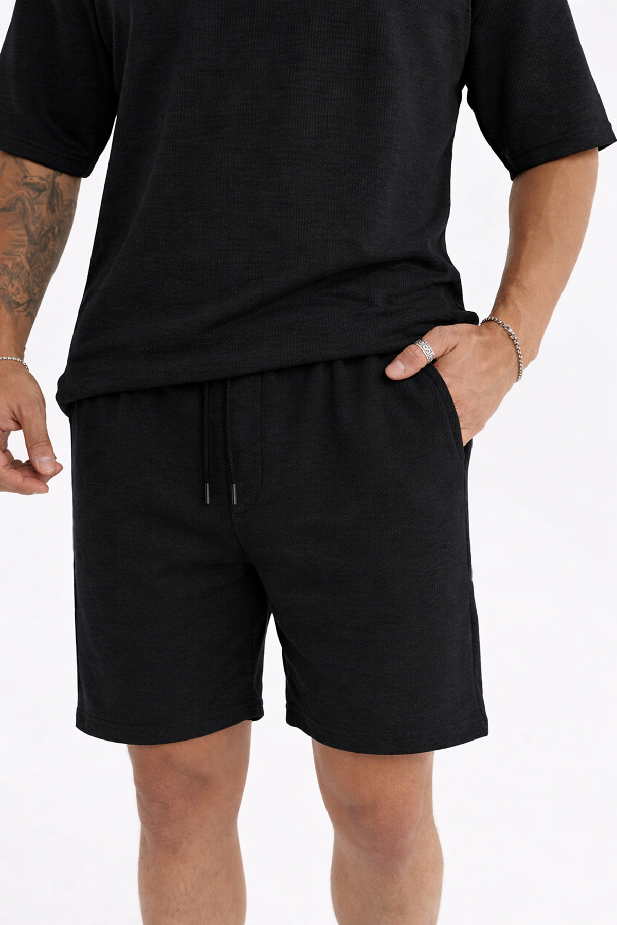 Erkek Polo Yaka Tişört Bol Şort Siyah Yazlık İkili Takım