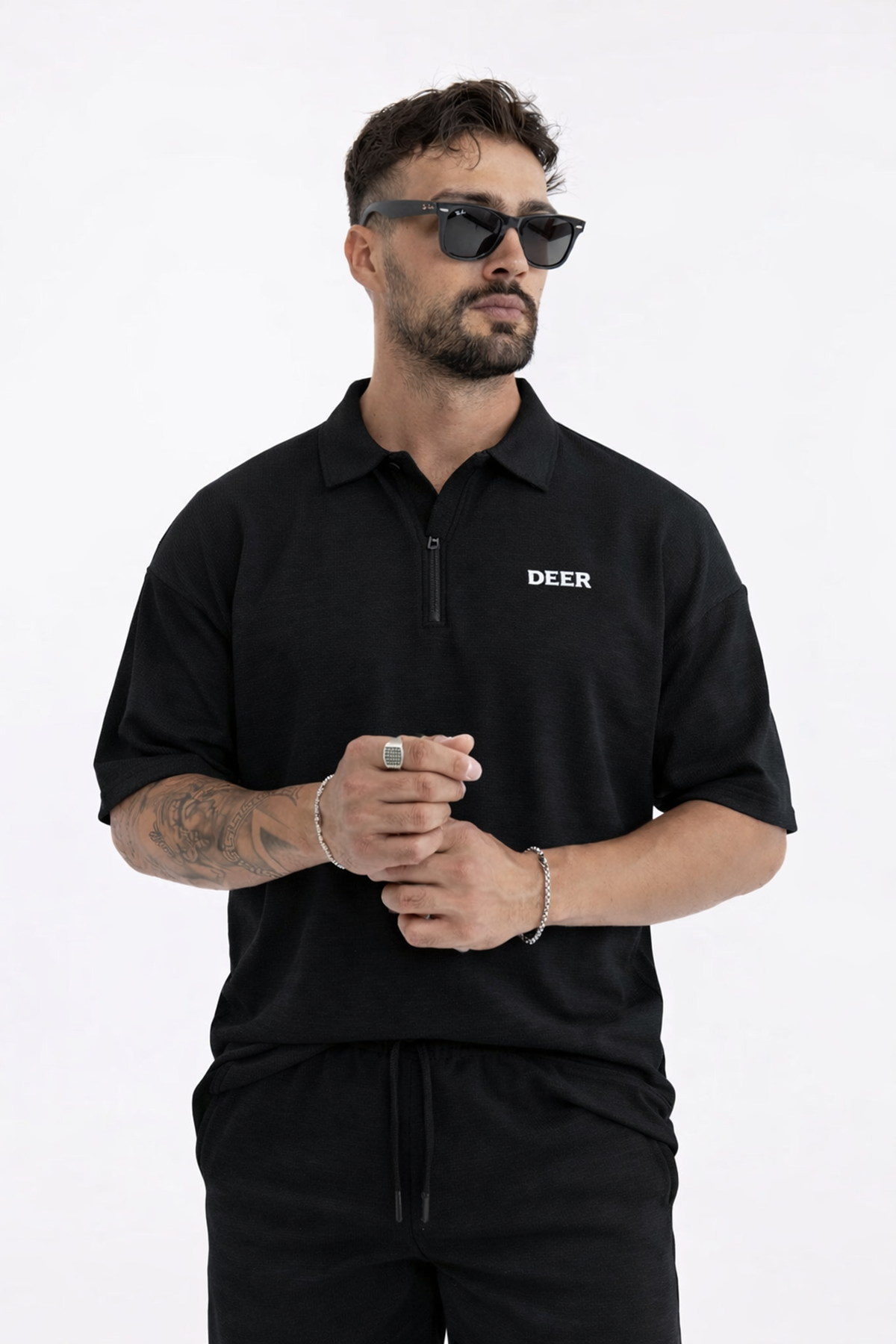 Erkek Polo Yaka Tişört Bol Şort Siyah Yazlık İkili Takım