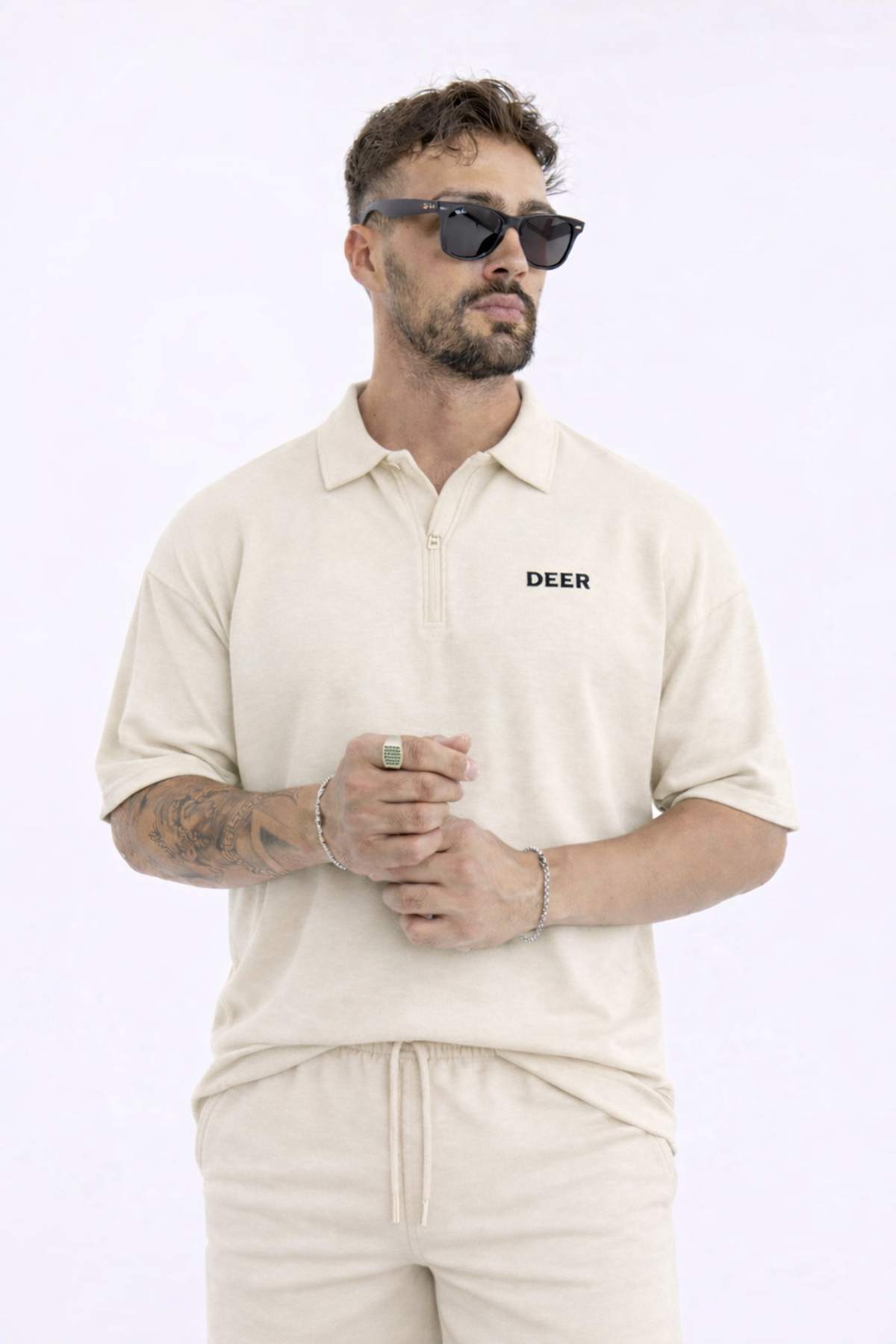 Erkek Polo Yaka Tişört Bol Şort Krem Yazlık İkili Takım