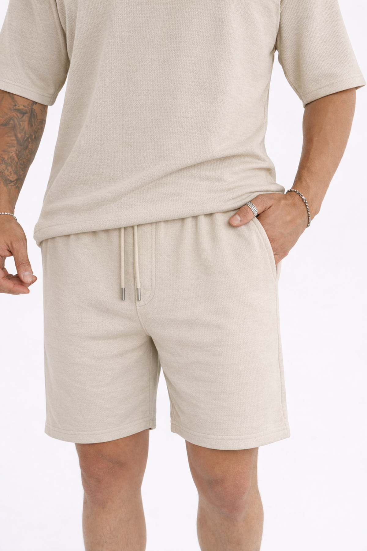 Erkek Polo Yaka Tişört Bol Şort Krem Yazlık İkili Takım