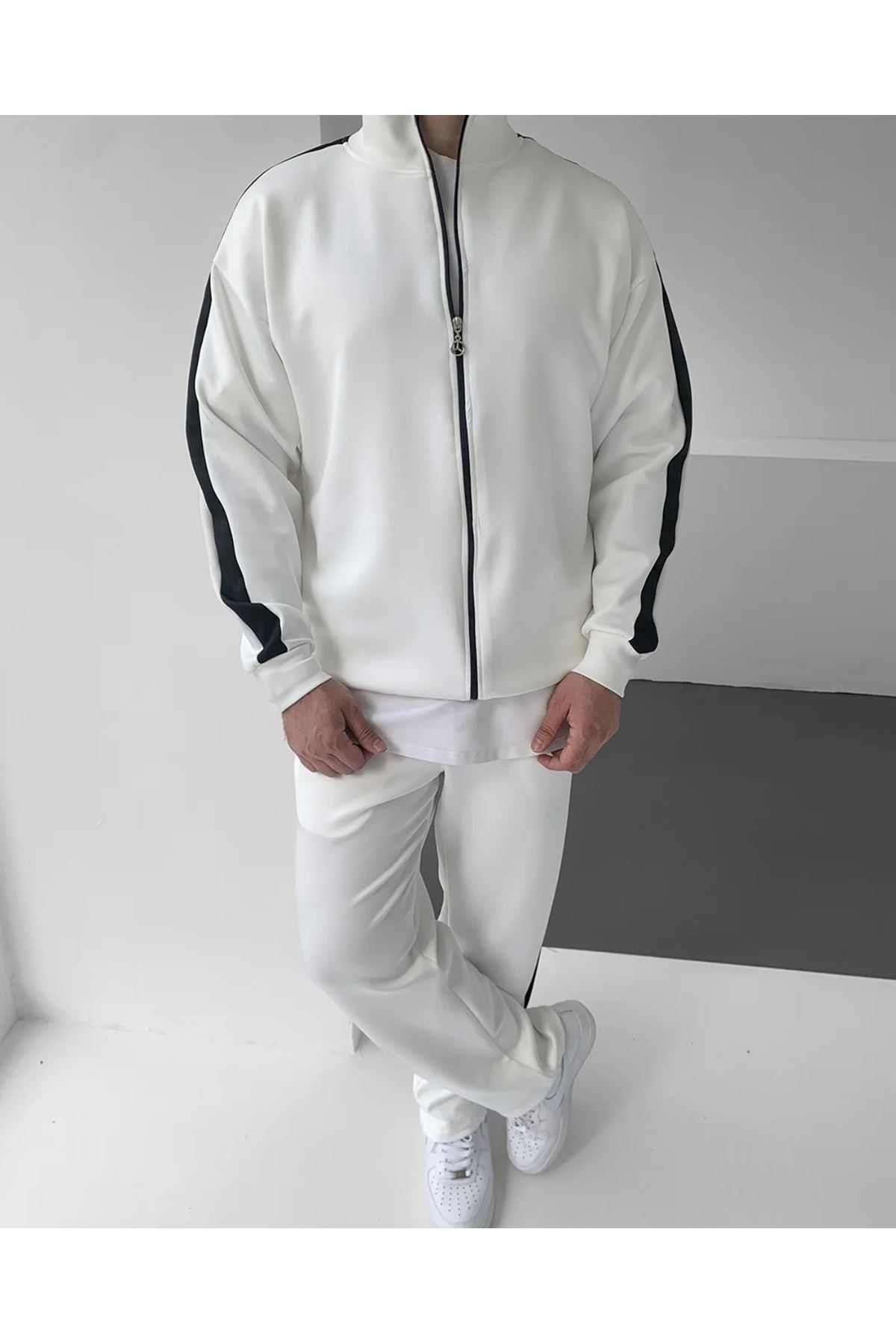 Erkek Çizgili Fermuarlı Sweatshirt Bol Eşofman Beyaz İkili Takım