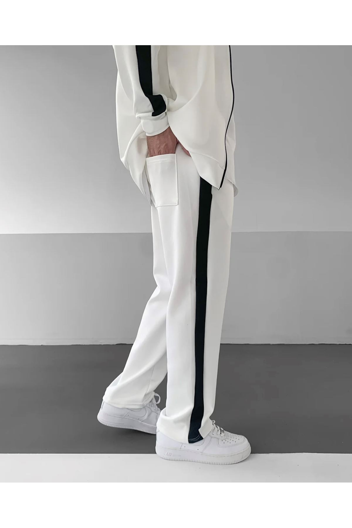 Erkek Çizgili Fermuarlı Sweatshirt Bol Eşofman Beyaz İkili Takım