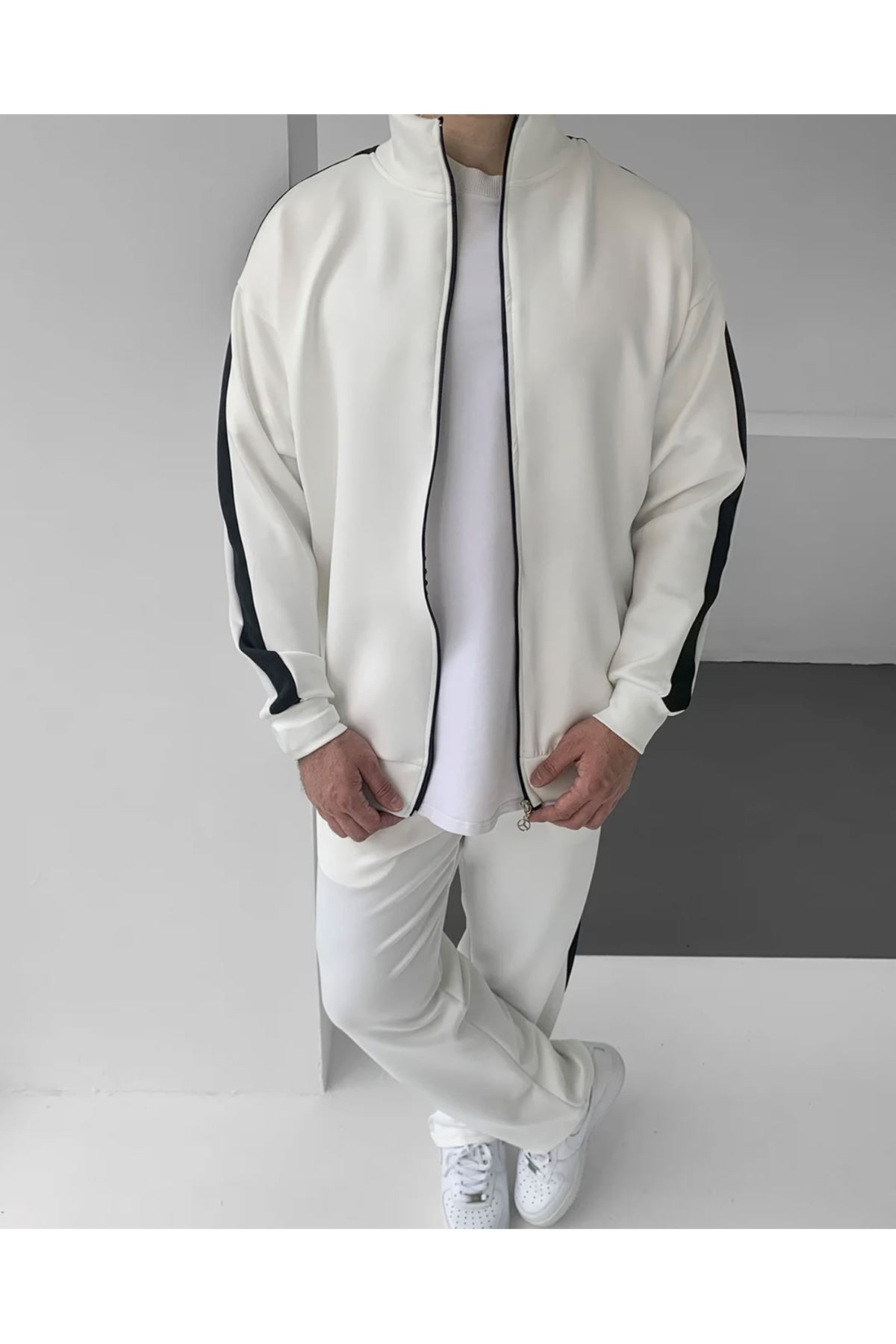 Erkek Çizgili Fermuarlı Sweatshirt Bol Eşofman Beyaz İkili Takım