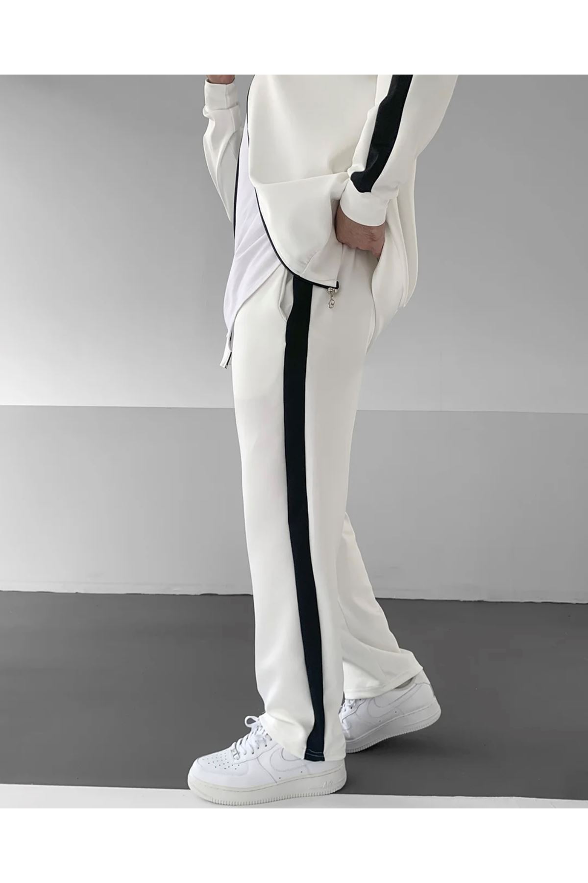 Erkek Çizgili Fermuarlı Sweatshirt Bol Eşofman Beyaz İkili Takım