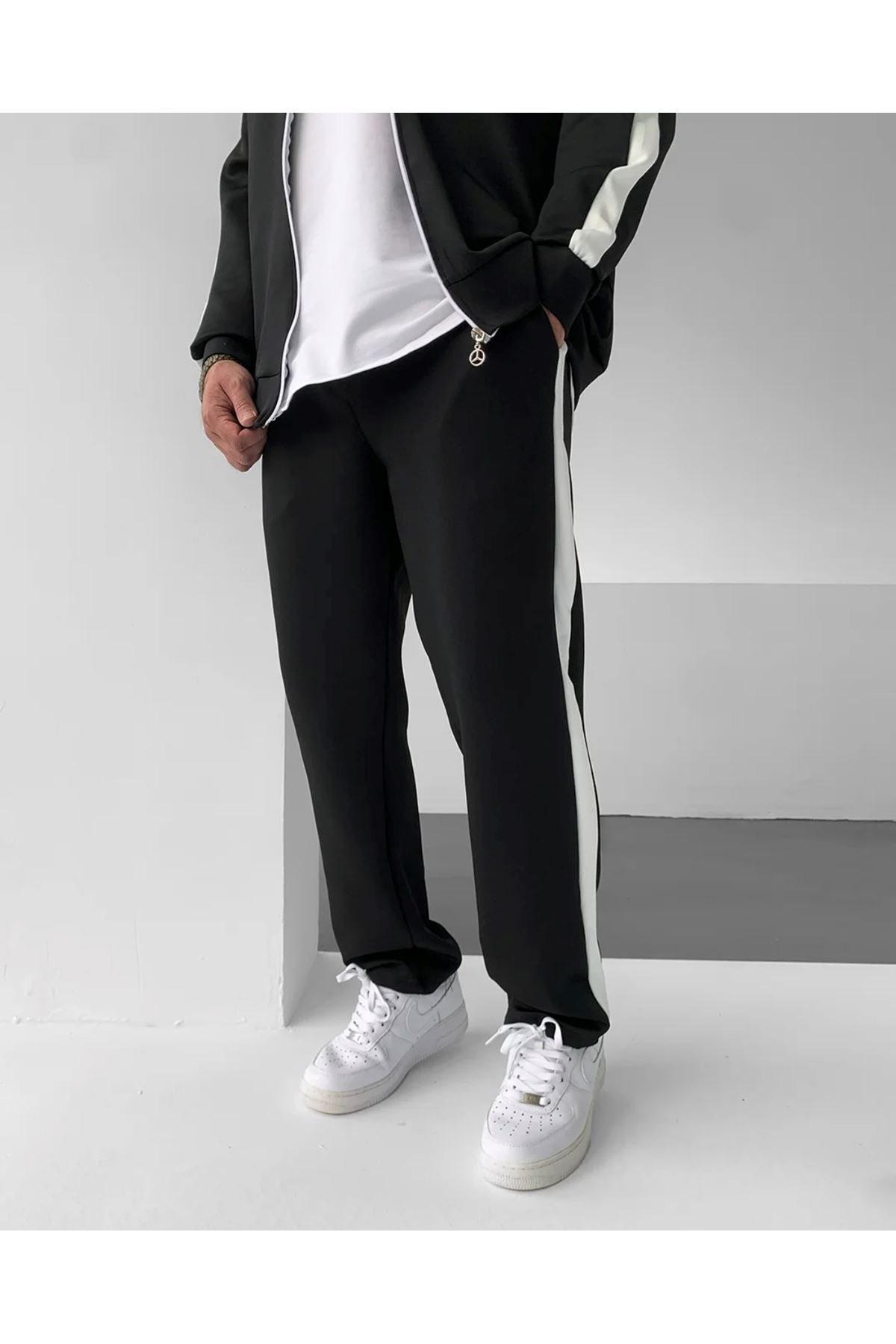 Erkek Çizgili Fermuarlı Sweatshirt Bol Eşofman Siyah İkili Takım