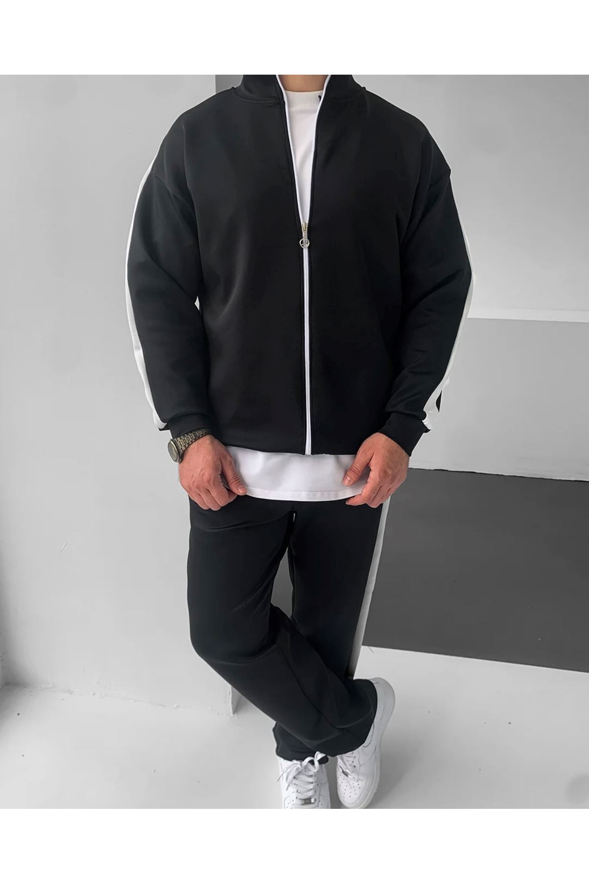 Erkek Çizgili Fermuarlı Sweatshirt Bol Eşofman Siyah İkili Takım