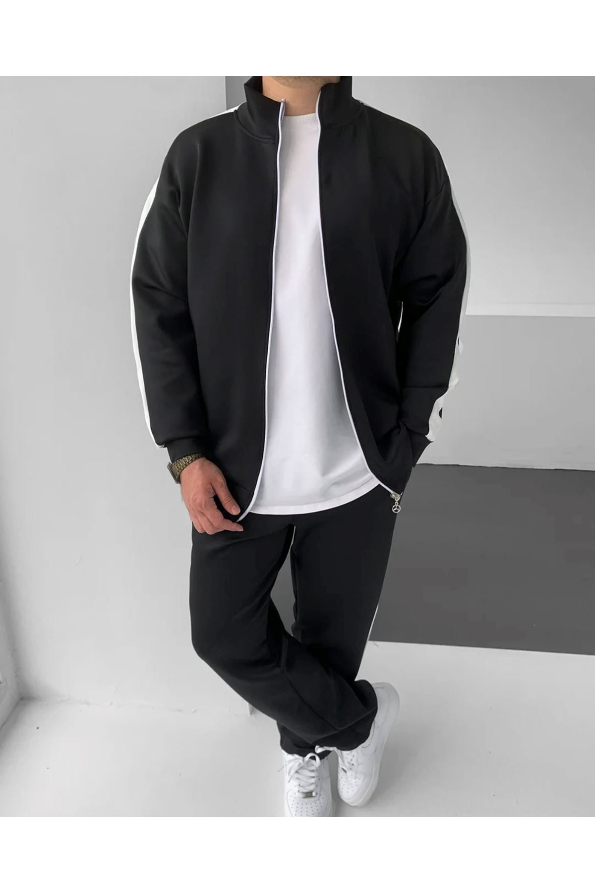 Erkek Çizgili Fermuarlı Sweatshirt Bol Eşofman Siyah İkili Takım