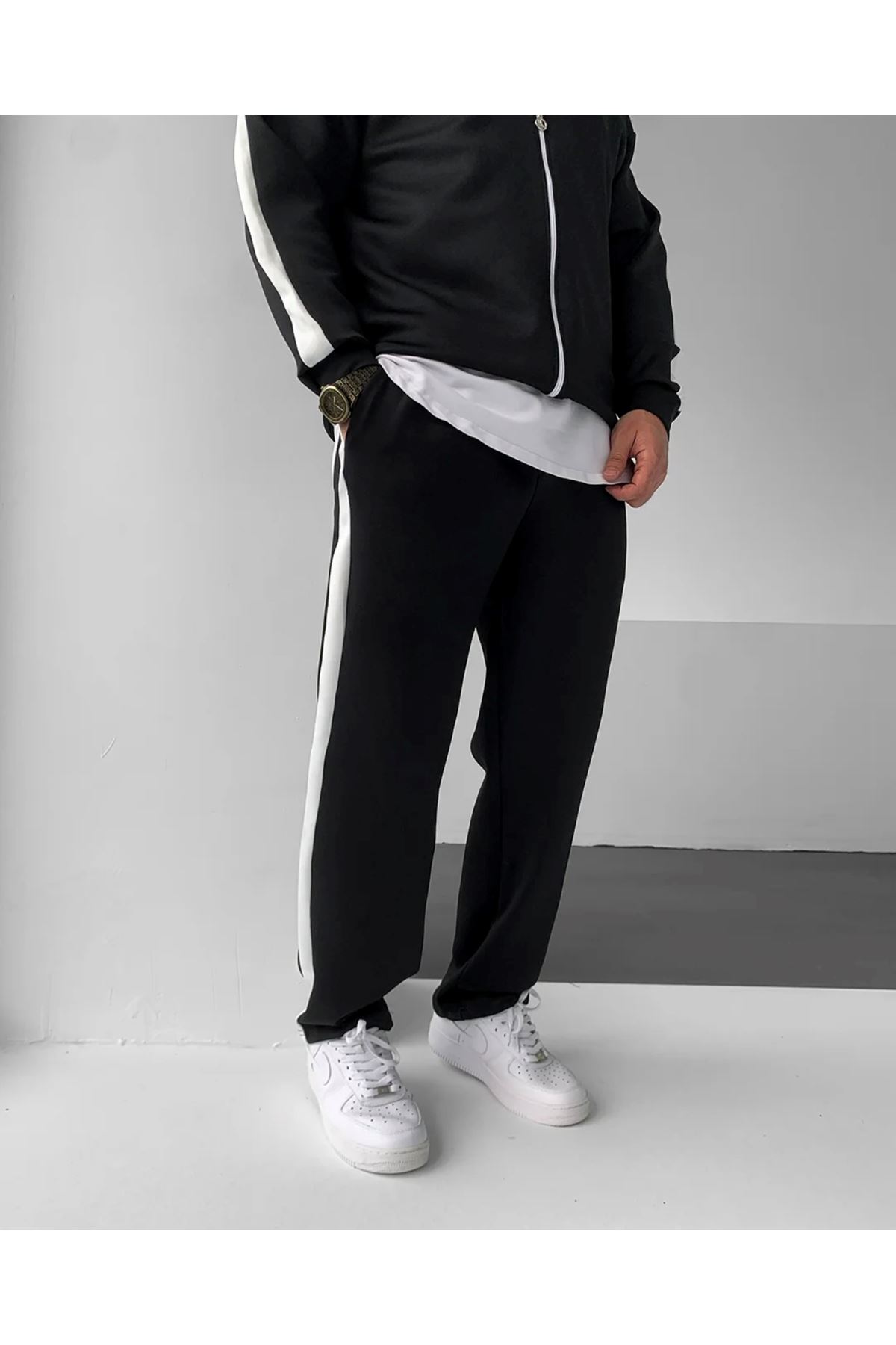 Erkek Çizgili Fermuarlı Sweatshirt Bol Eşofman Siyah İkili Takım