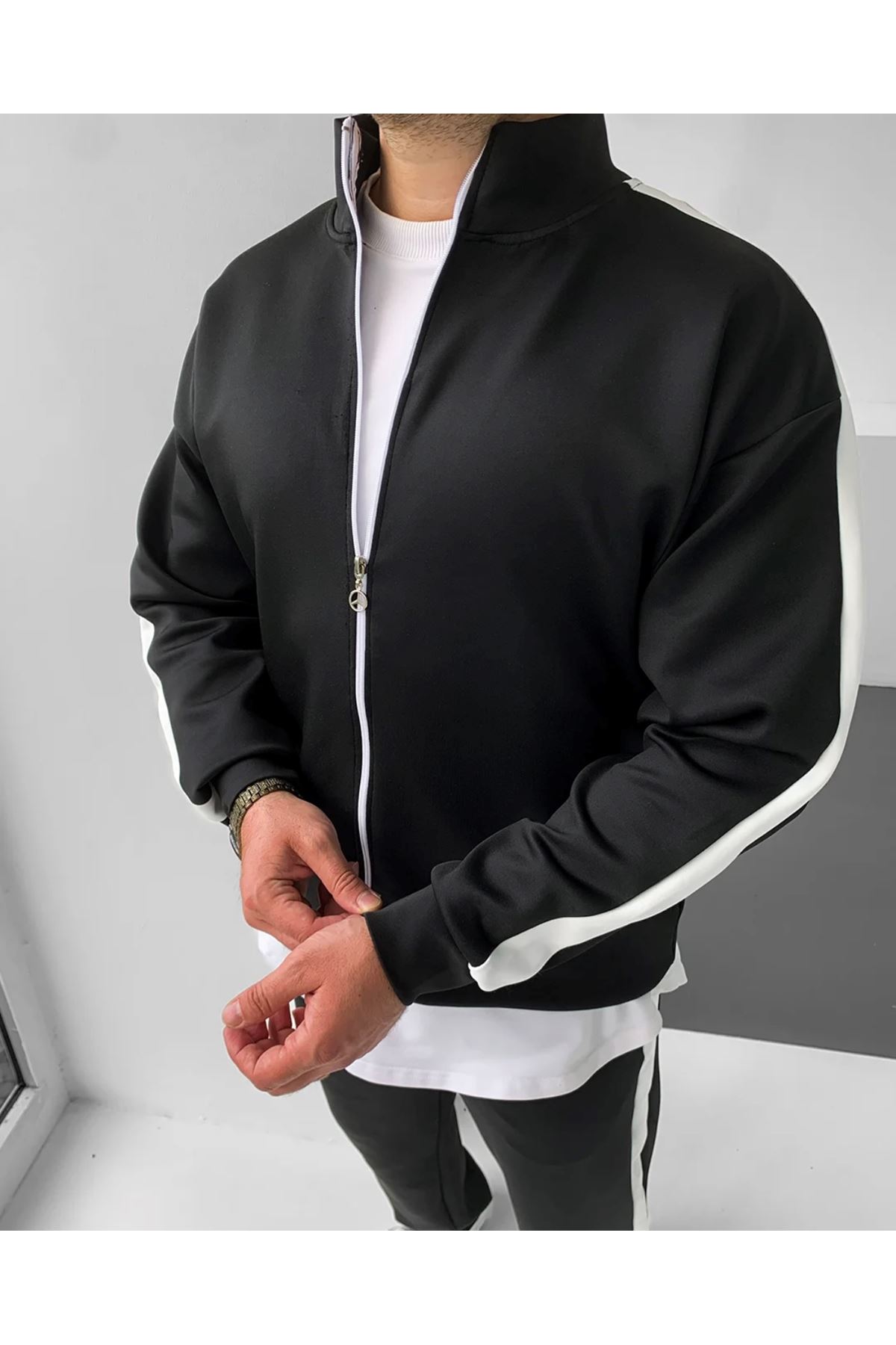 Erkek Çizgili Fermuarlı Sweatshirt Bol Eşofman Siyah İkili Takım