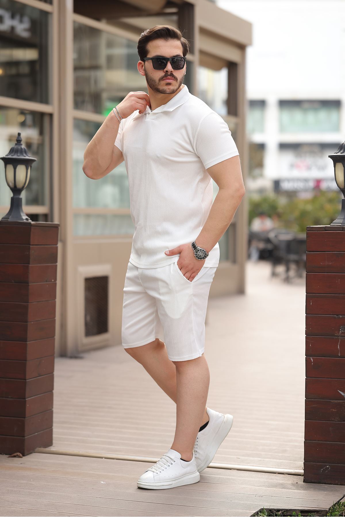 Erkek Bürümcük Beyaz Tişört Bol Şortlu Yazlık İkili Takım