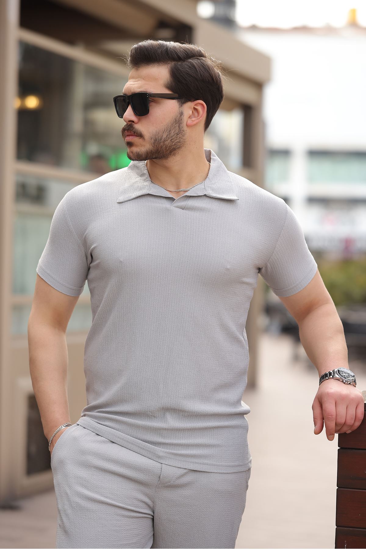 Erkek Bürümcük Gri Tişört Bol Şortlu Yazlık İkili Takım