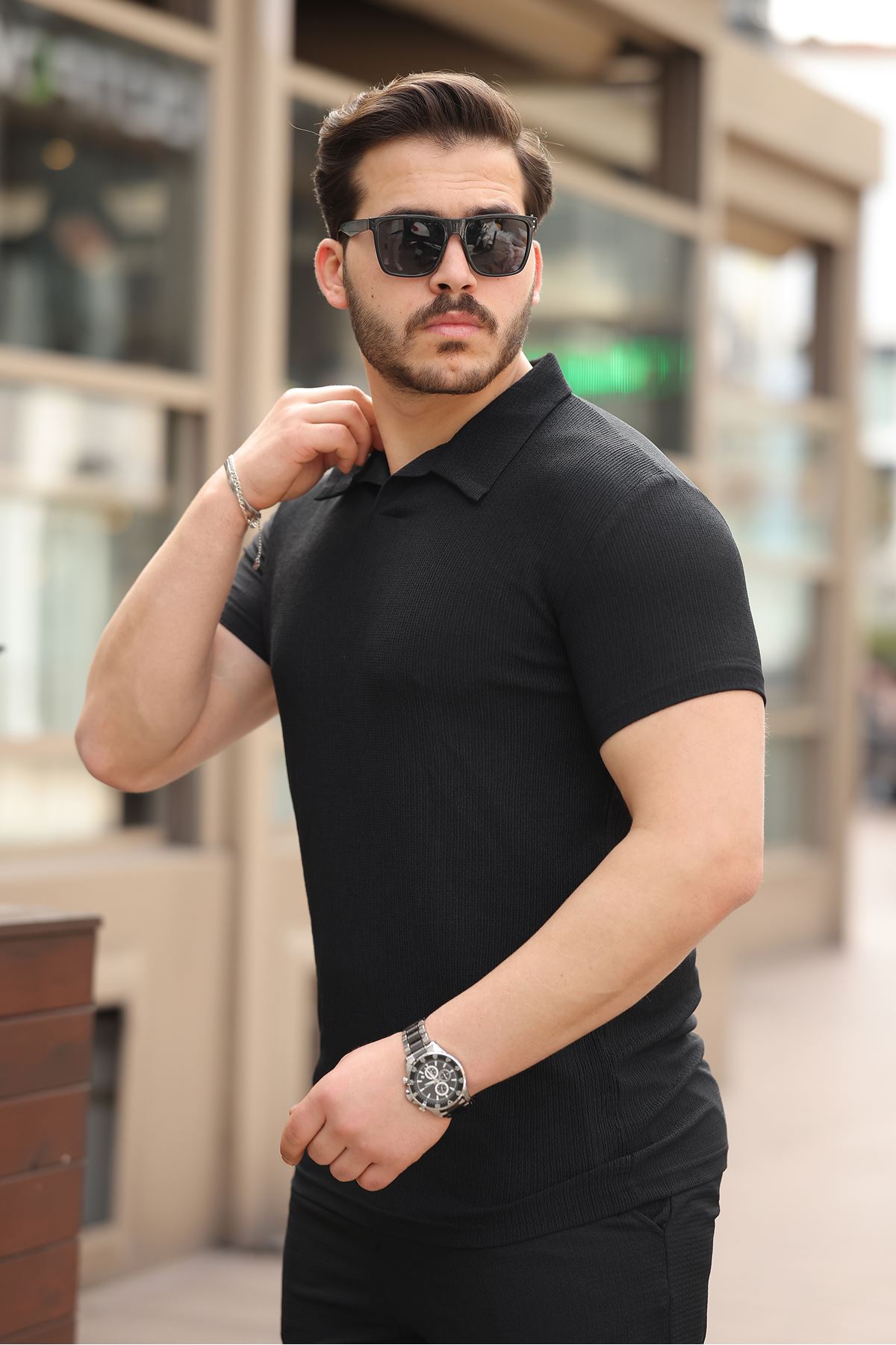 Erkek Bürümcük Siyah Tişört Bol Şortlu Yazlık İkili Takım