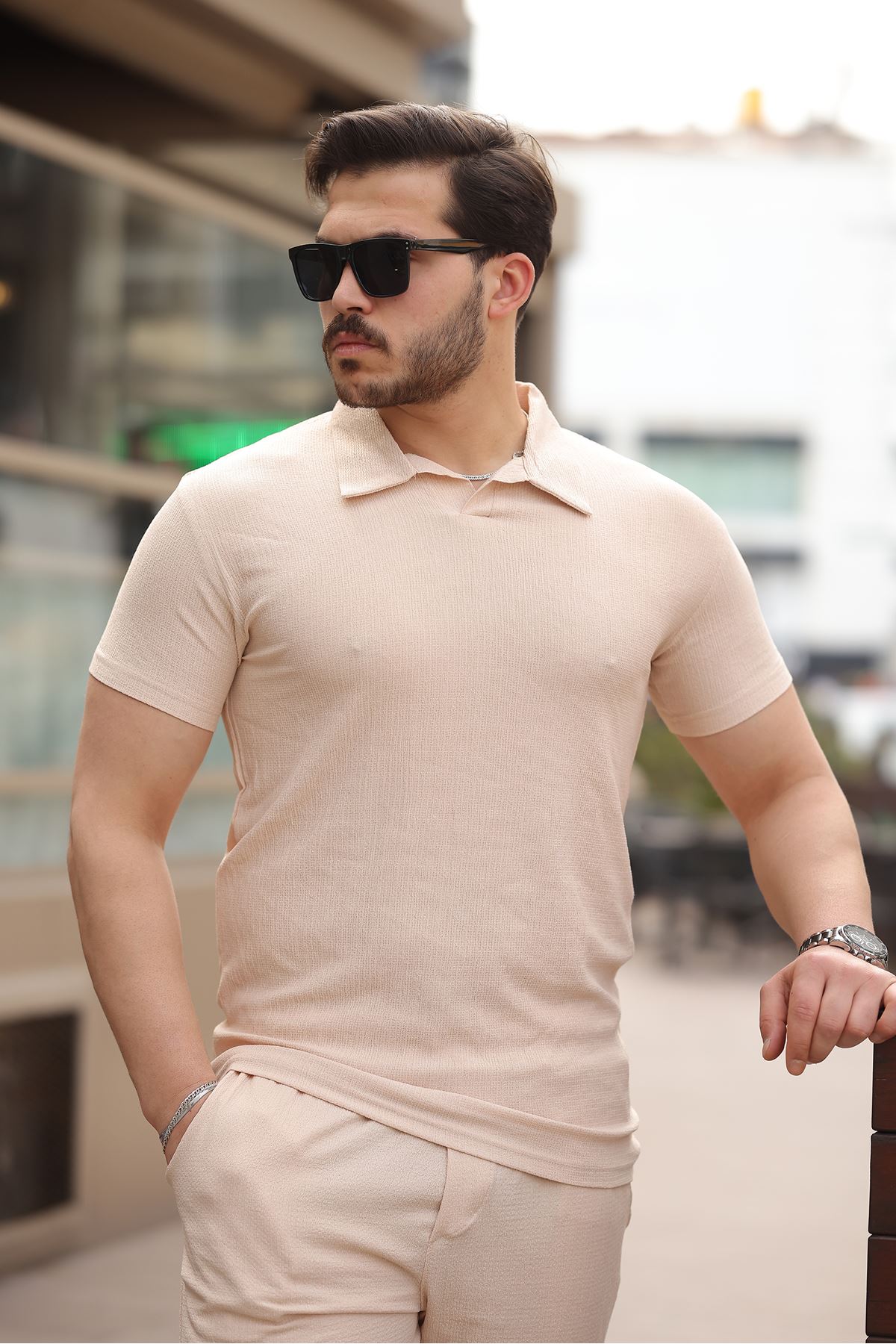 Erkek Bürümcük Krem Tişört Bol Şortlu Yazlık İkili Takım