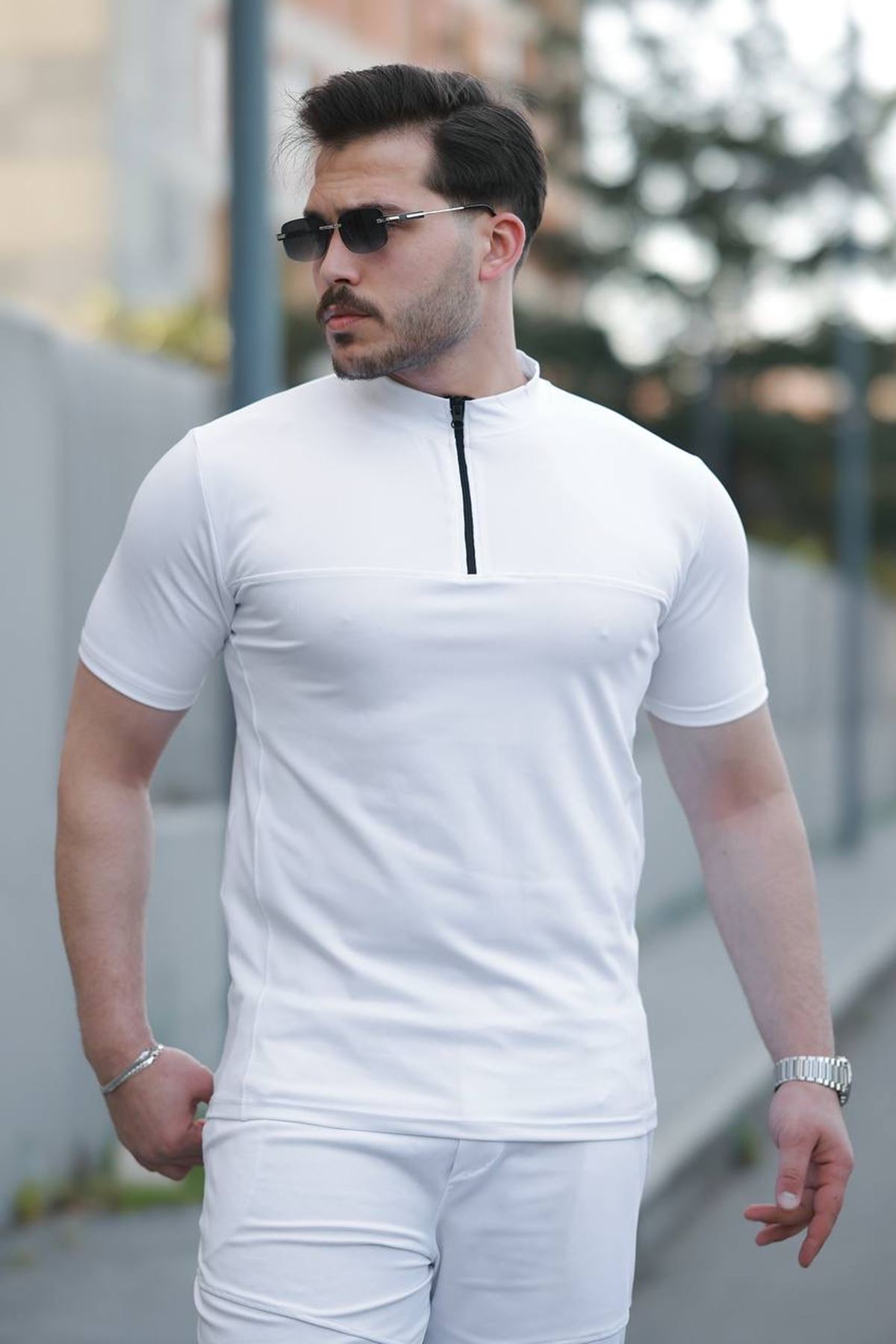 Erkek Fermuarlı Tişört Basic Şortlu Beyaz Yazlık İkili Takım