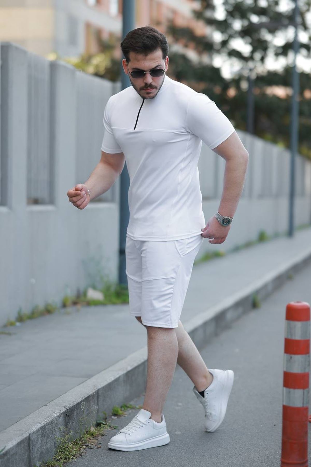 Erkek Fermuarlı Tişört Basic Şortlu Beyaz Yazlık İkili Takım
