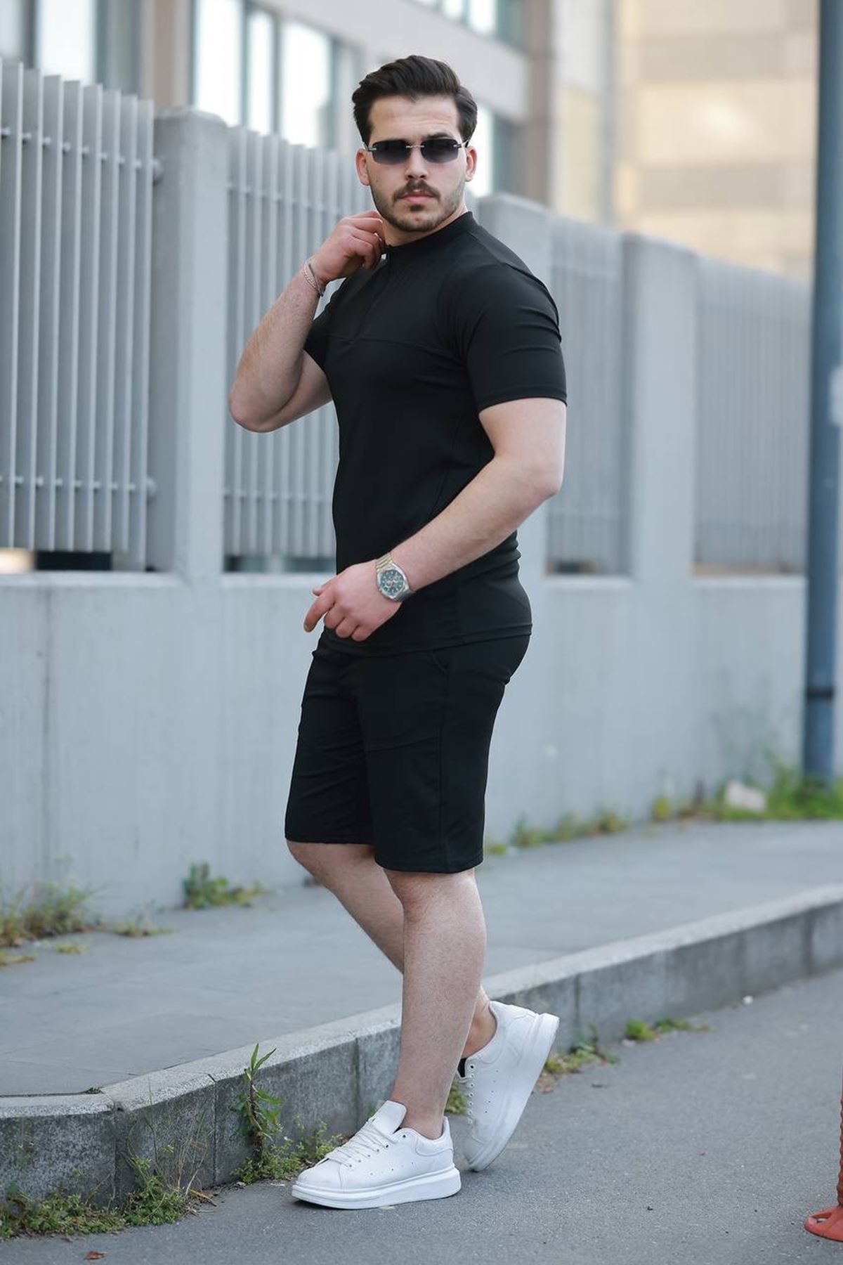 Erkek Fermuarlı Tişört Basic Şortlu Siyah Yazlık İkili Takım
