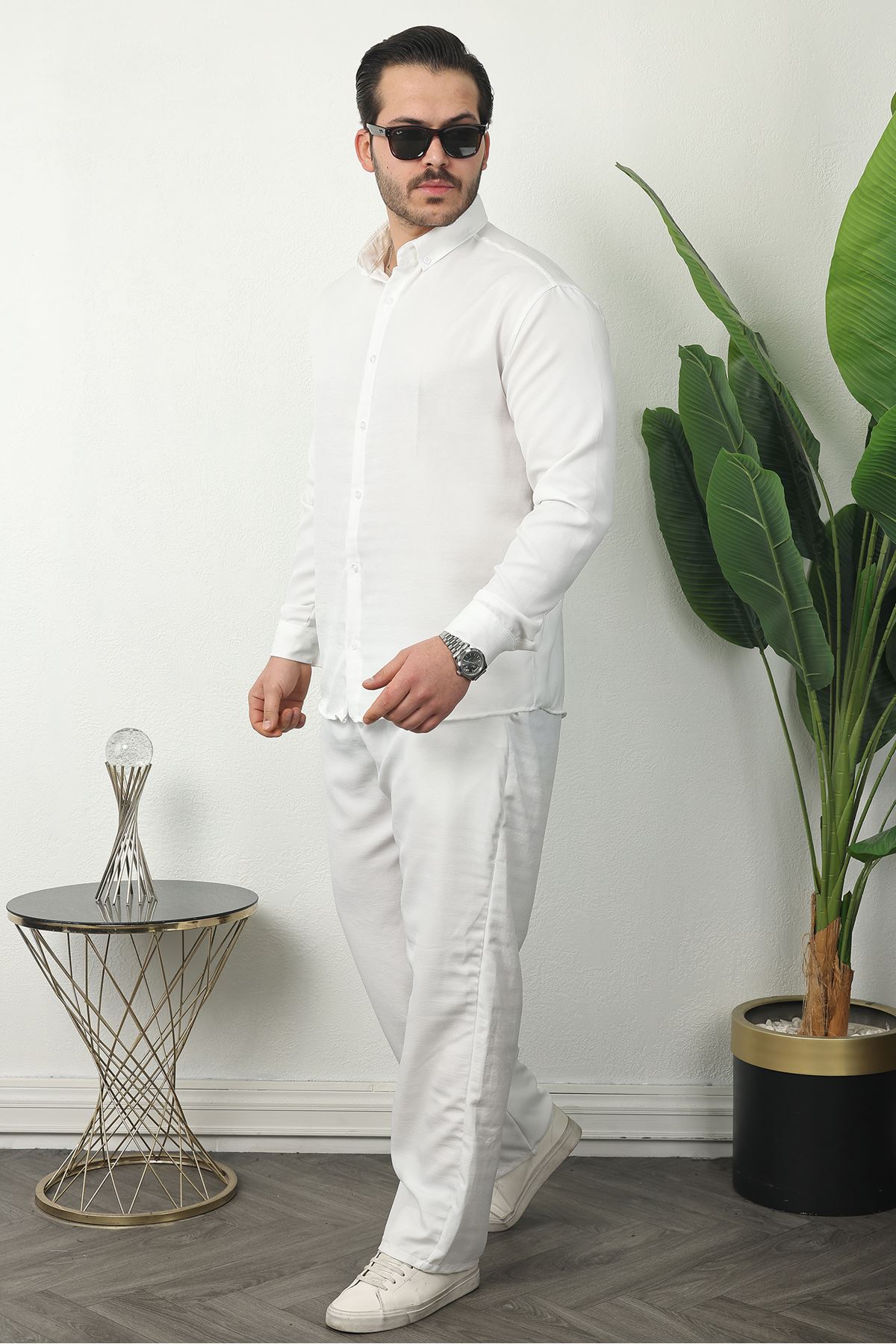 Erkek Trend Keten Gömlek Baggy Eşofman Beyaz İkili Takım