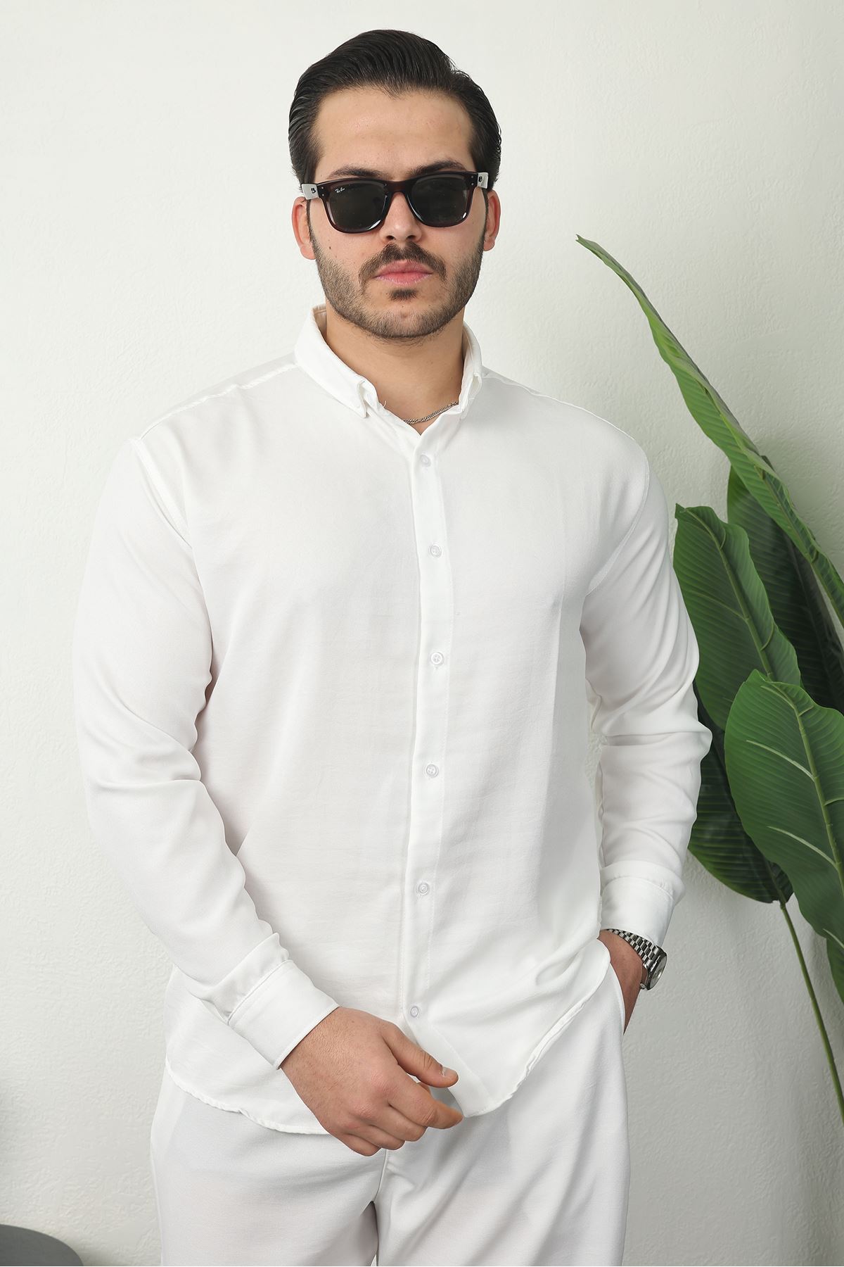 Erkek Trend Keten Gömlek Baggy Eşofman Beyaz İkili Takım