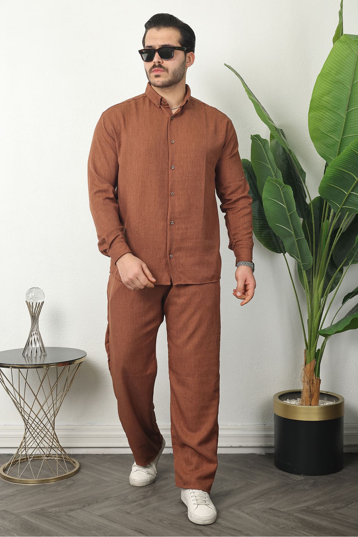 Erkek Trend Keten Gömlek Baggy Eşofman Kahve İkili Takım