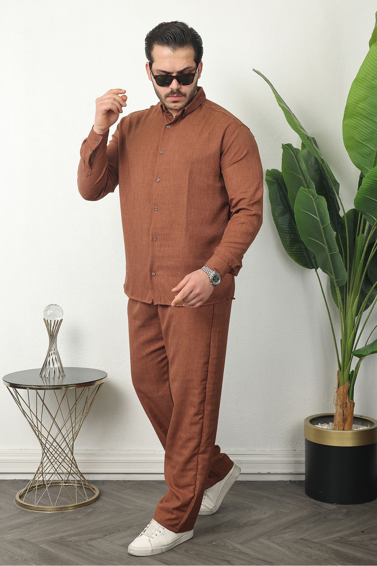 Erkek Trend Keten Gömlek Baggy Eşofman Kahve İkili Takım