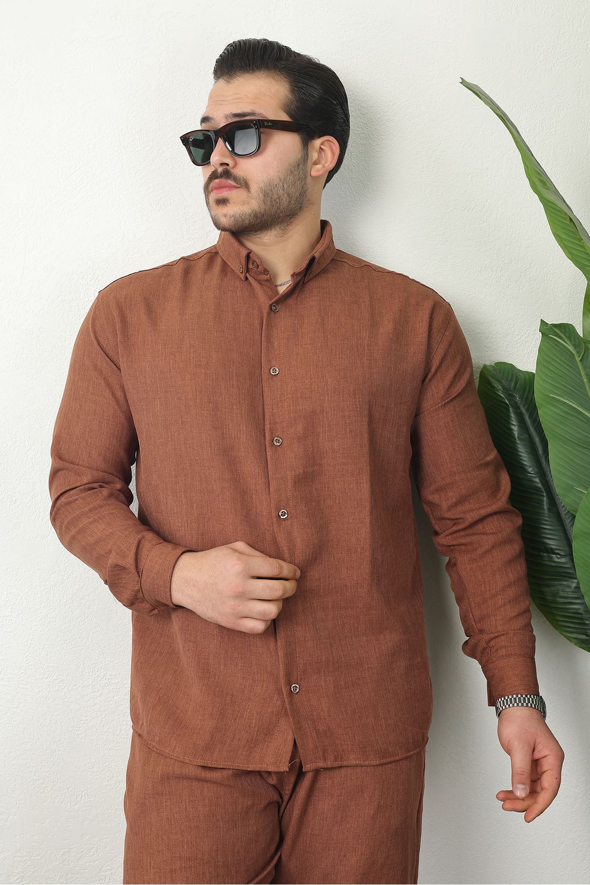 Erkek Trend Keten Gömlek Baggy Eşofman Kahve İkili Takım
