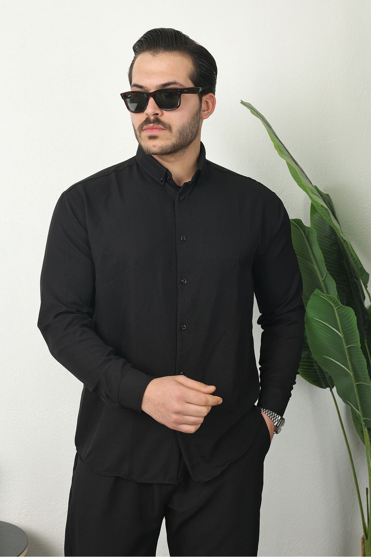 Erkek Trend Keten Gömlek Baggy Eşofman Siyah İkili Takım