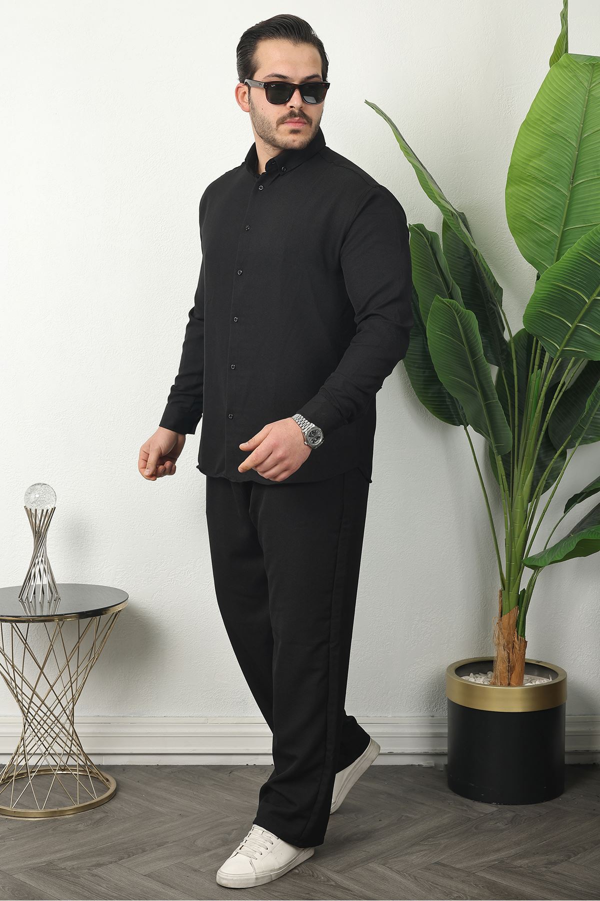 Erkek Trend Keten Gömlek Baggy Eşofman Siyah İkili Takım
