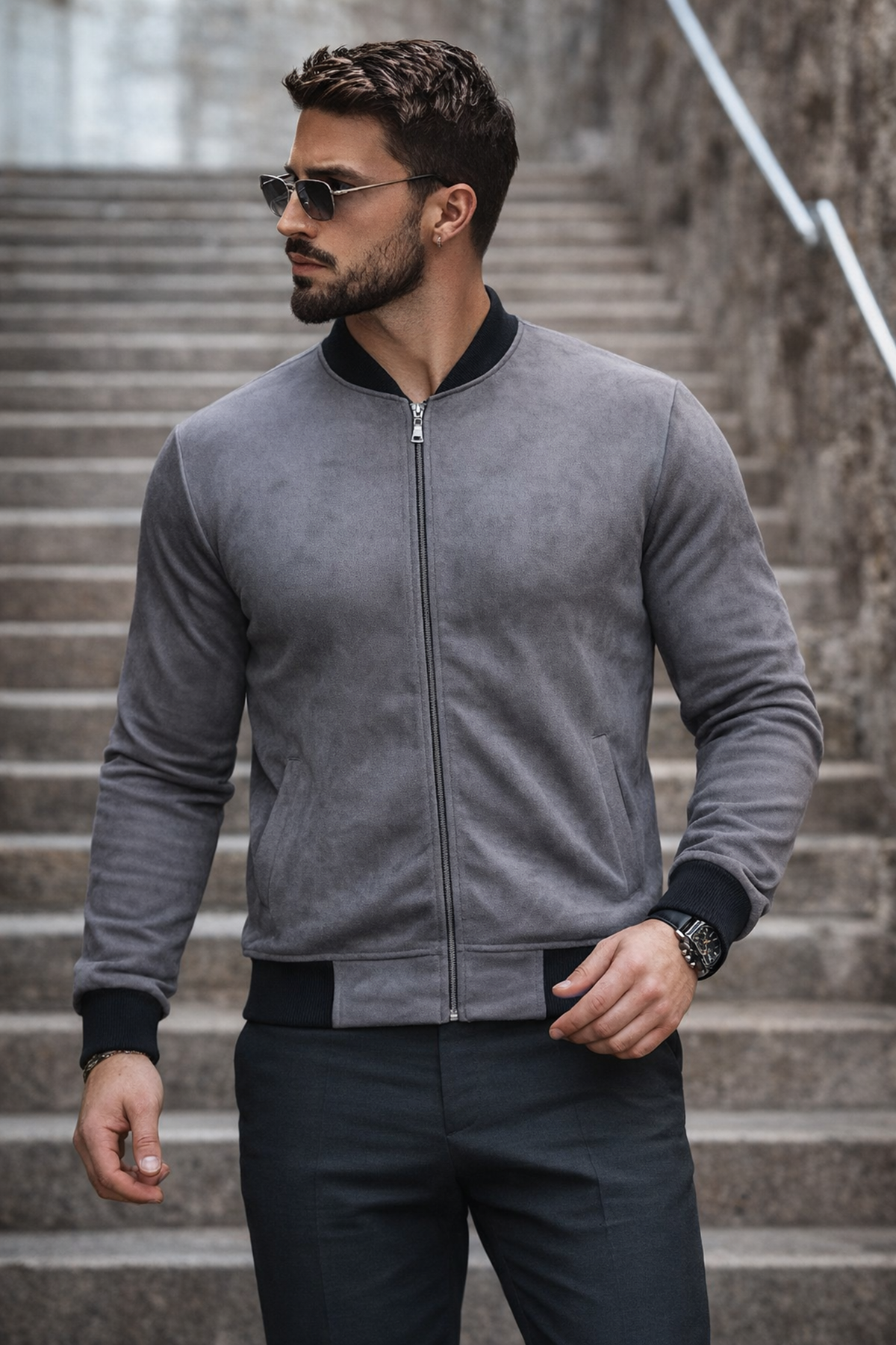 Erkek Basic Dar Kalıp Füme Nubuk Ceket
