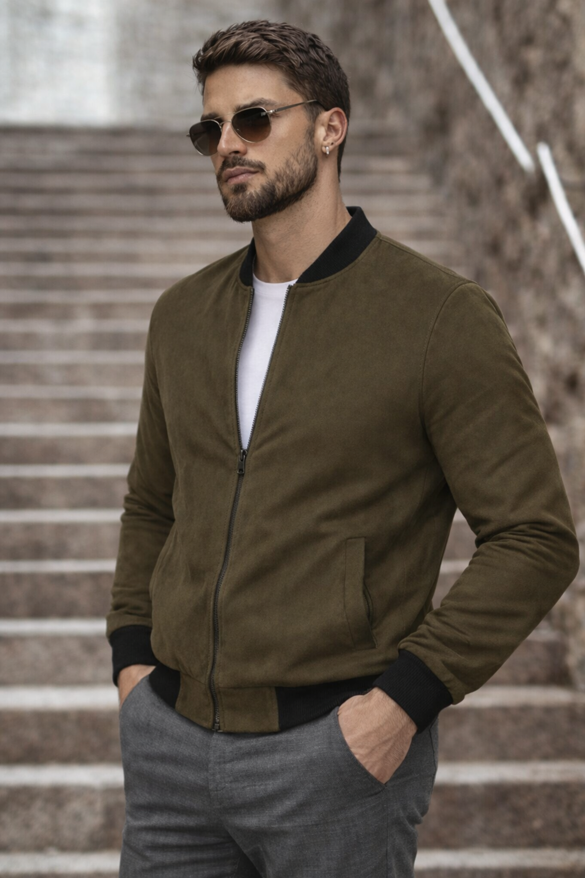 Erkek Basic Dar Kalıp Haki Nubuk Ceket