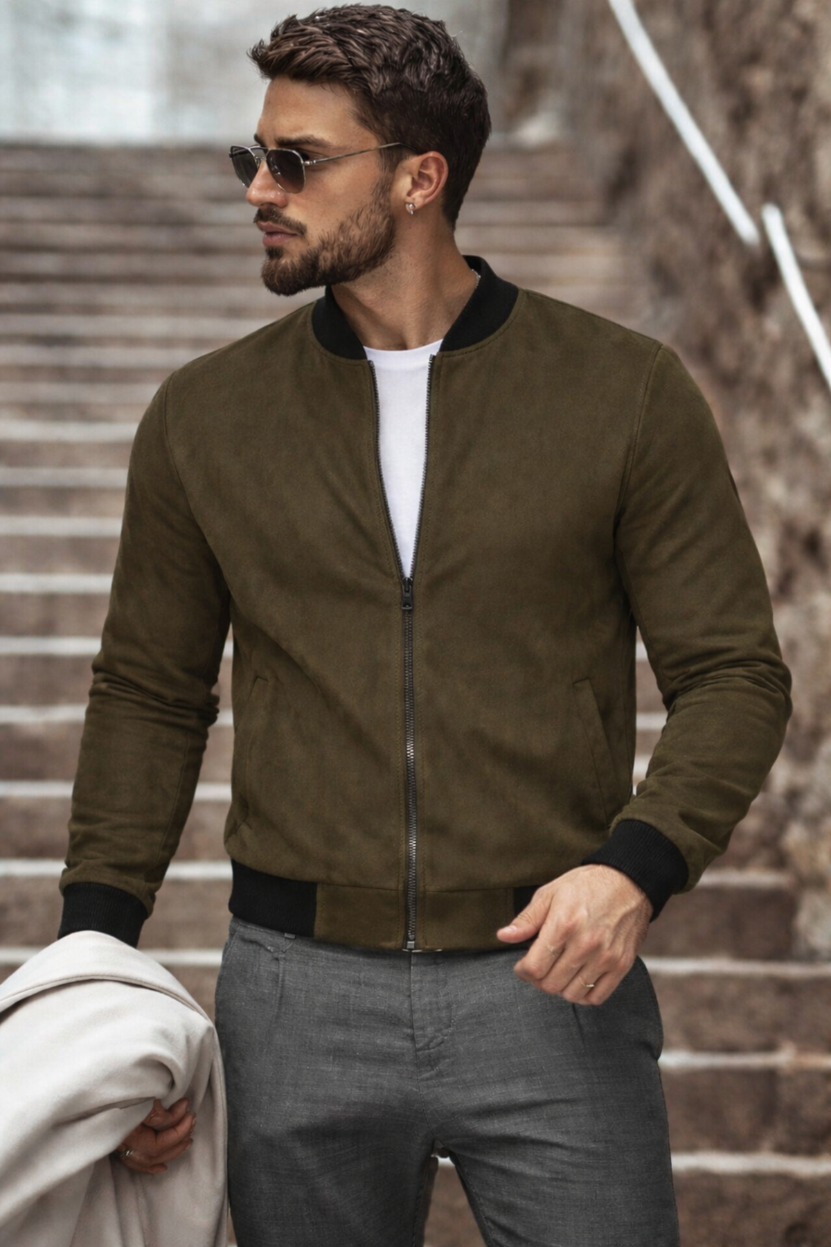 Erkek Basic Dar Kalıp Haki Nubuk Ceket