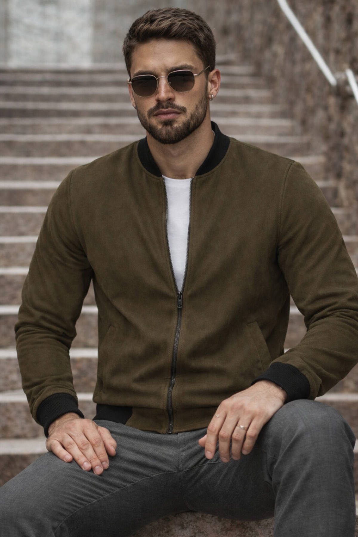 Erkek Basic Dar Kalıp Haki Nubuk Ceket