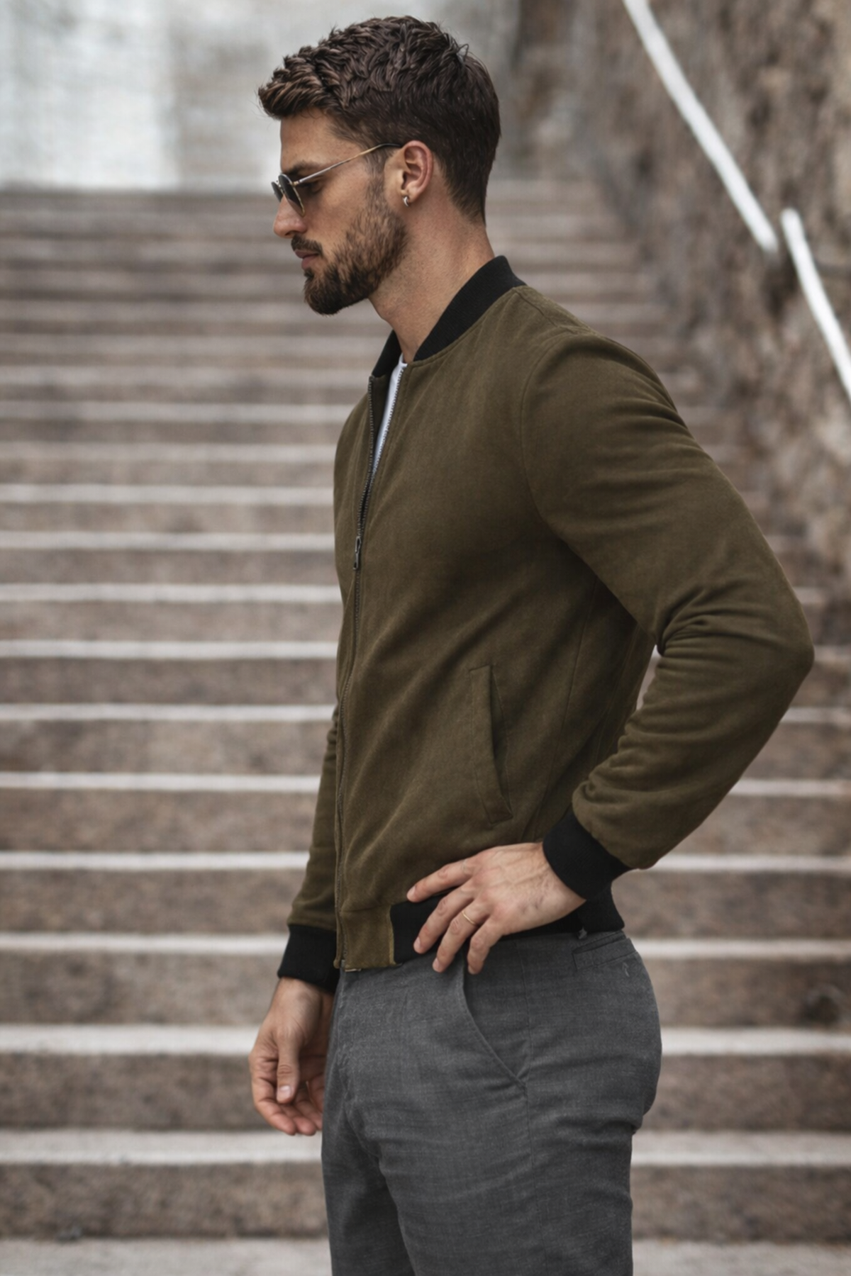 Erkek Basic Dar Kalıp Haki Nubuk Ceket