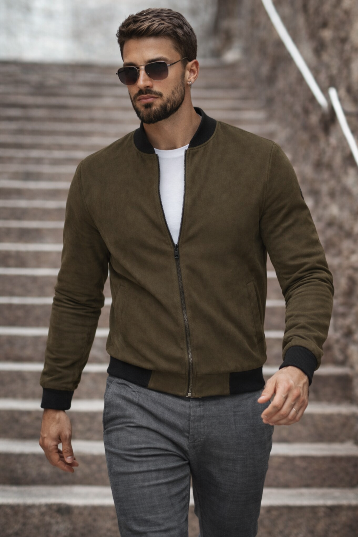 Erkek Basic Dar Kalıp Haki Nubuk Ceket