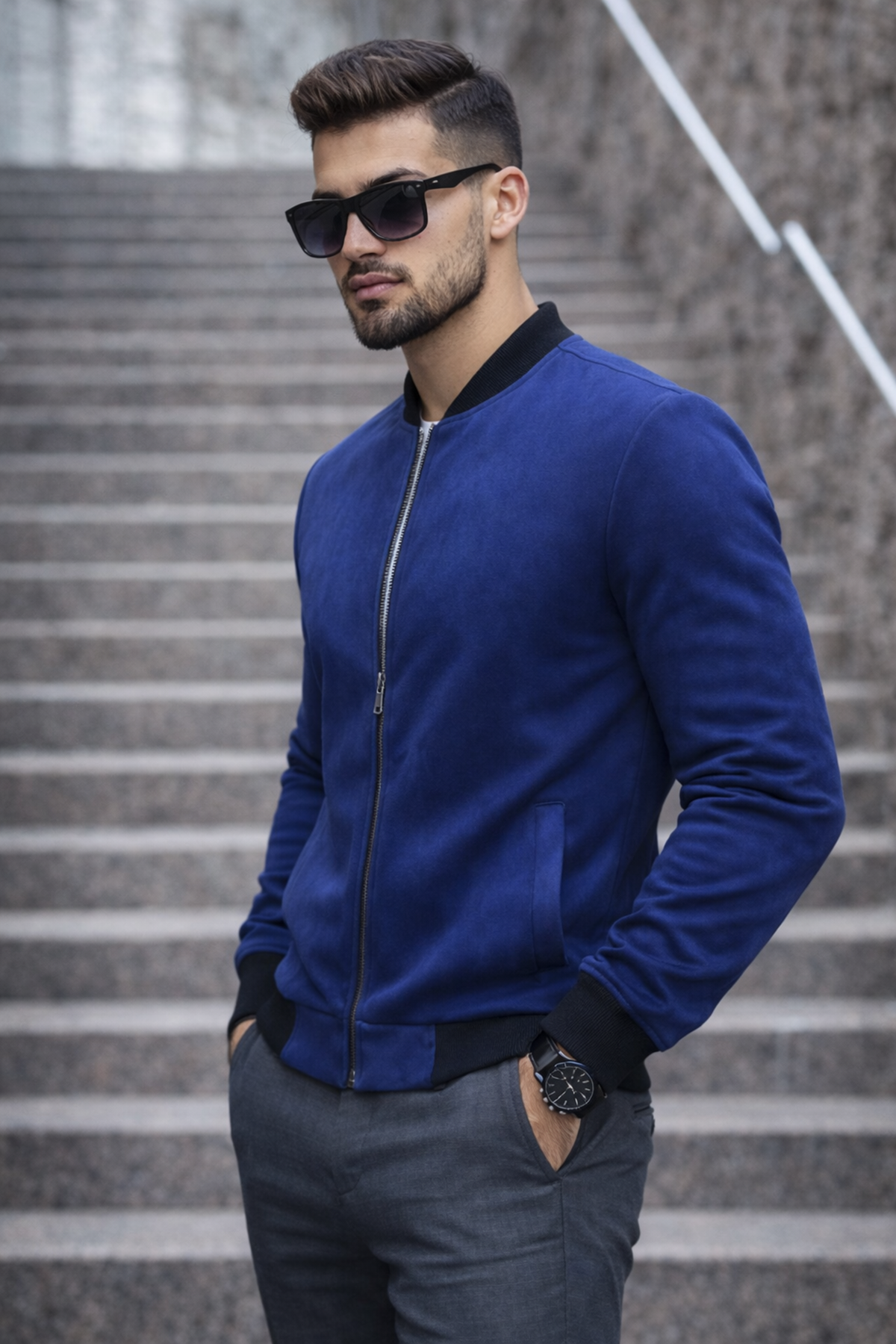 Erkek Basic Dar Kalıp Lacivert Nubuk Ceket