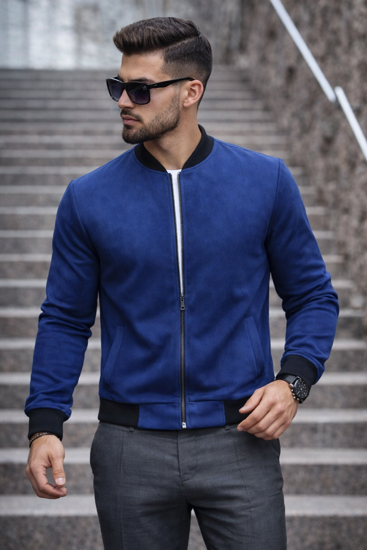 Erkek Basic Dar Kalıp Lacivert Nubuk Ceket