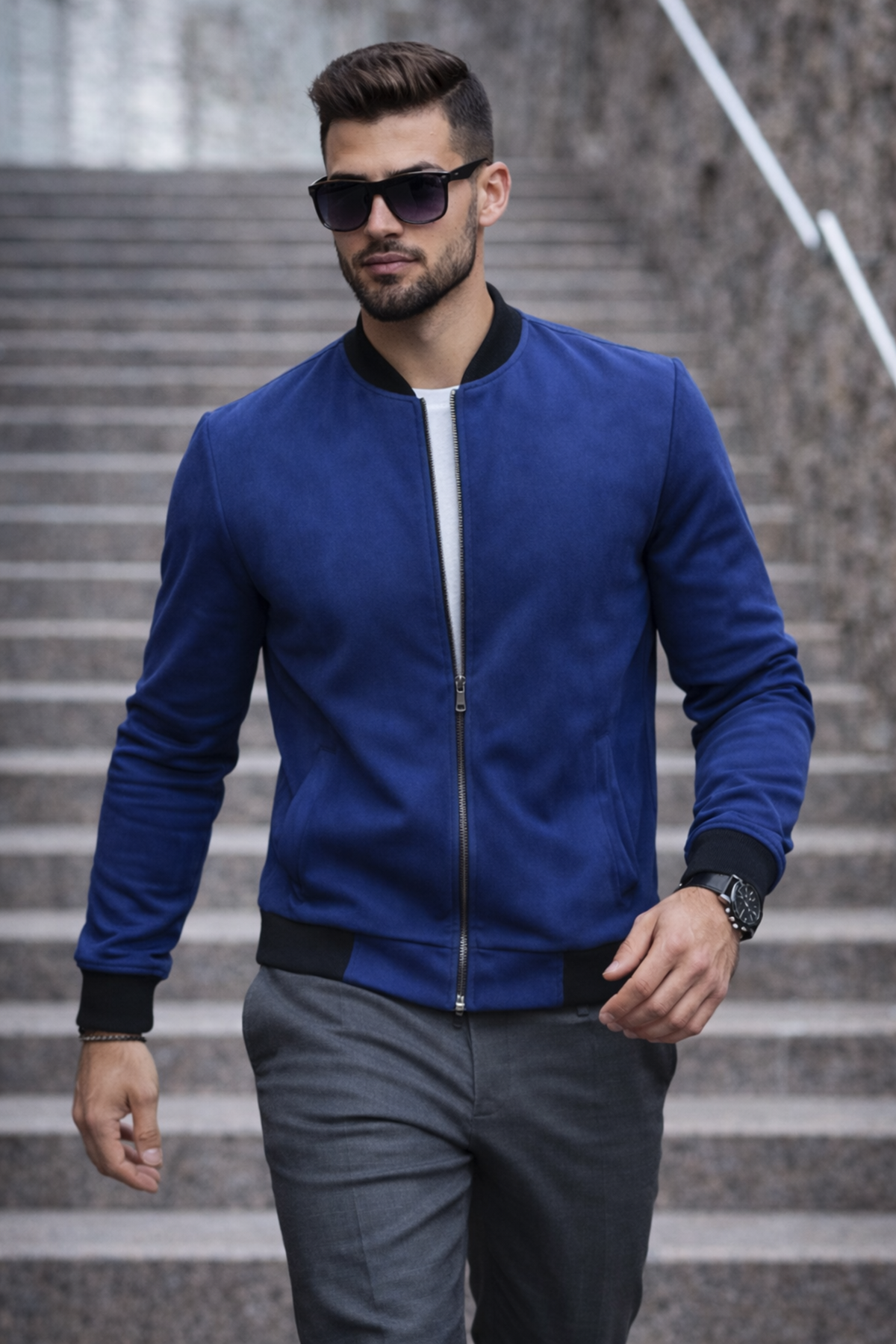 Erkek Basic Dar Kalıp Lacivert Nubuk Ceket