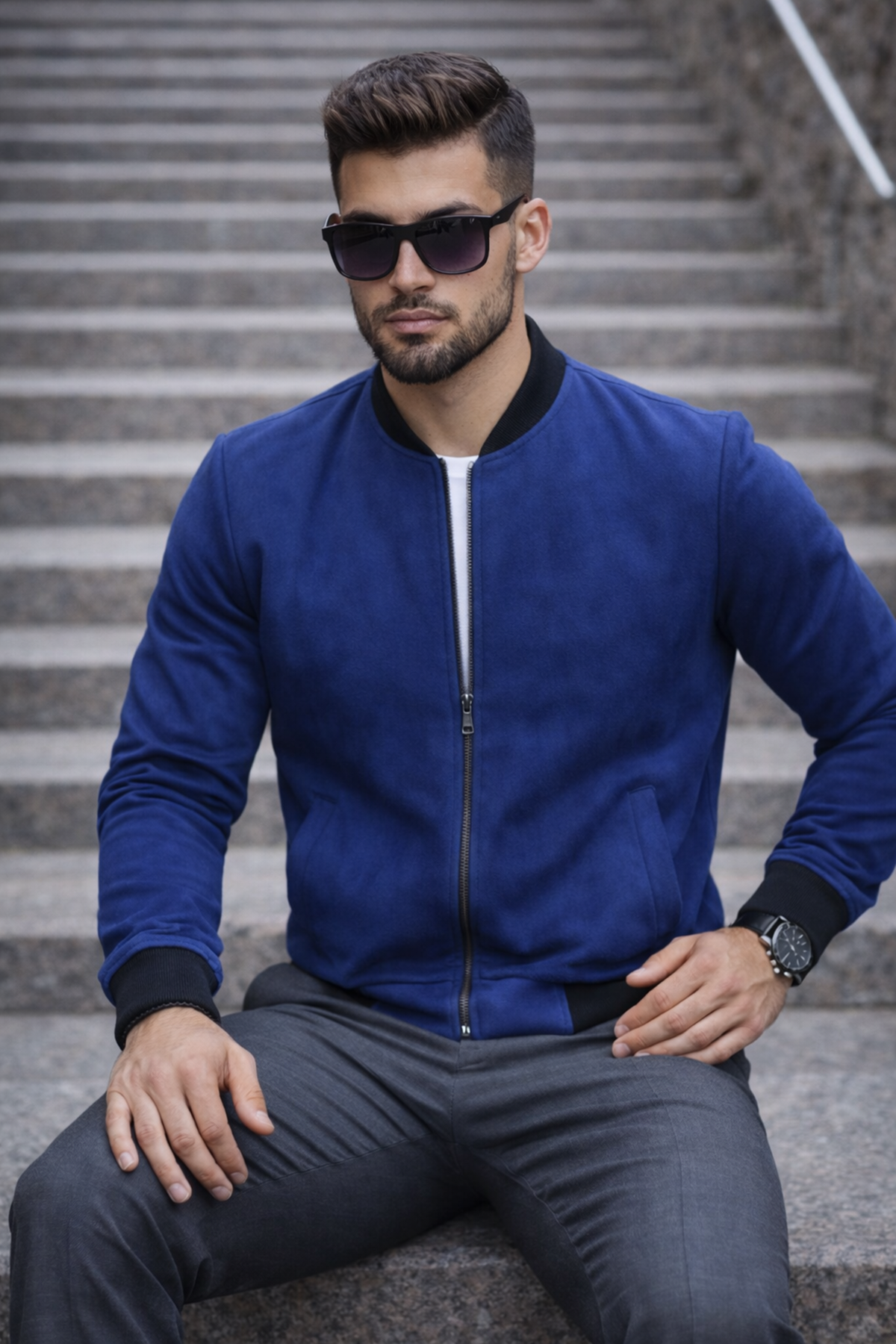 Erkek Basic Dar Kalıp Lacivert Nubuk Ceket