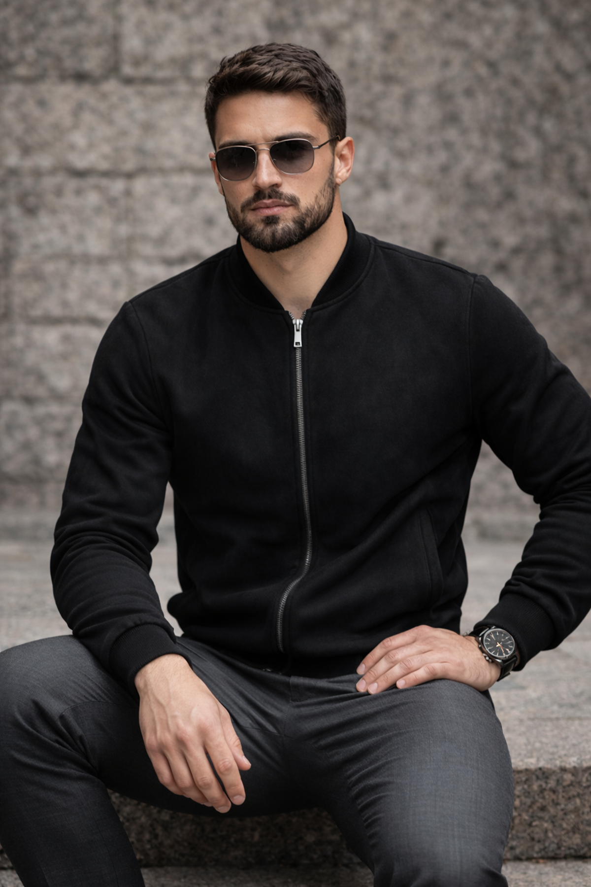 Erkek Basic Dar Kalıp Siyah Nubuk Ceket