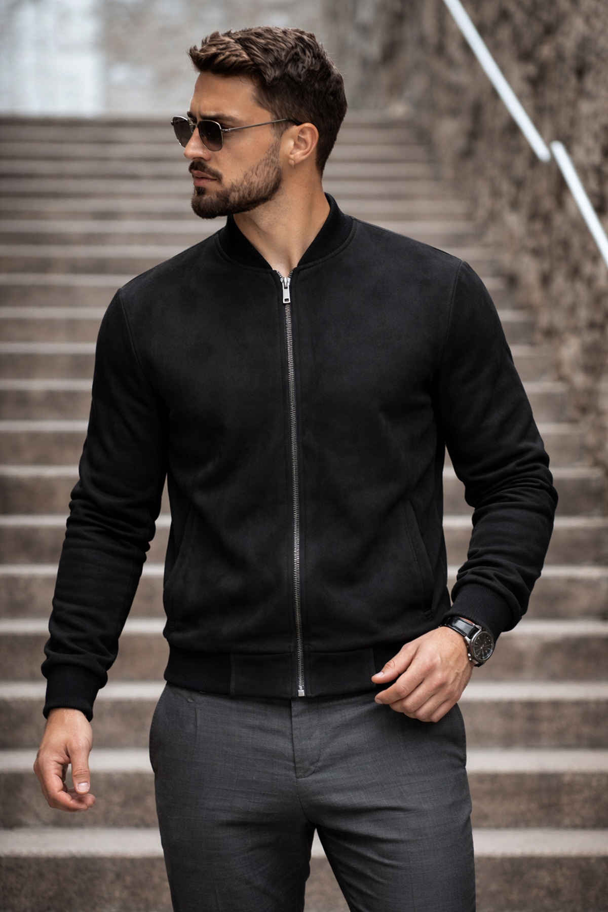 Erkek Basic Dar Kalıp Siyah Nubuk Ceket