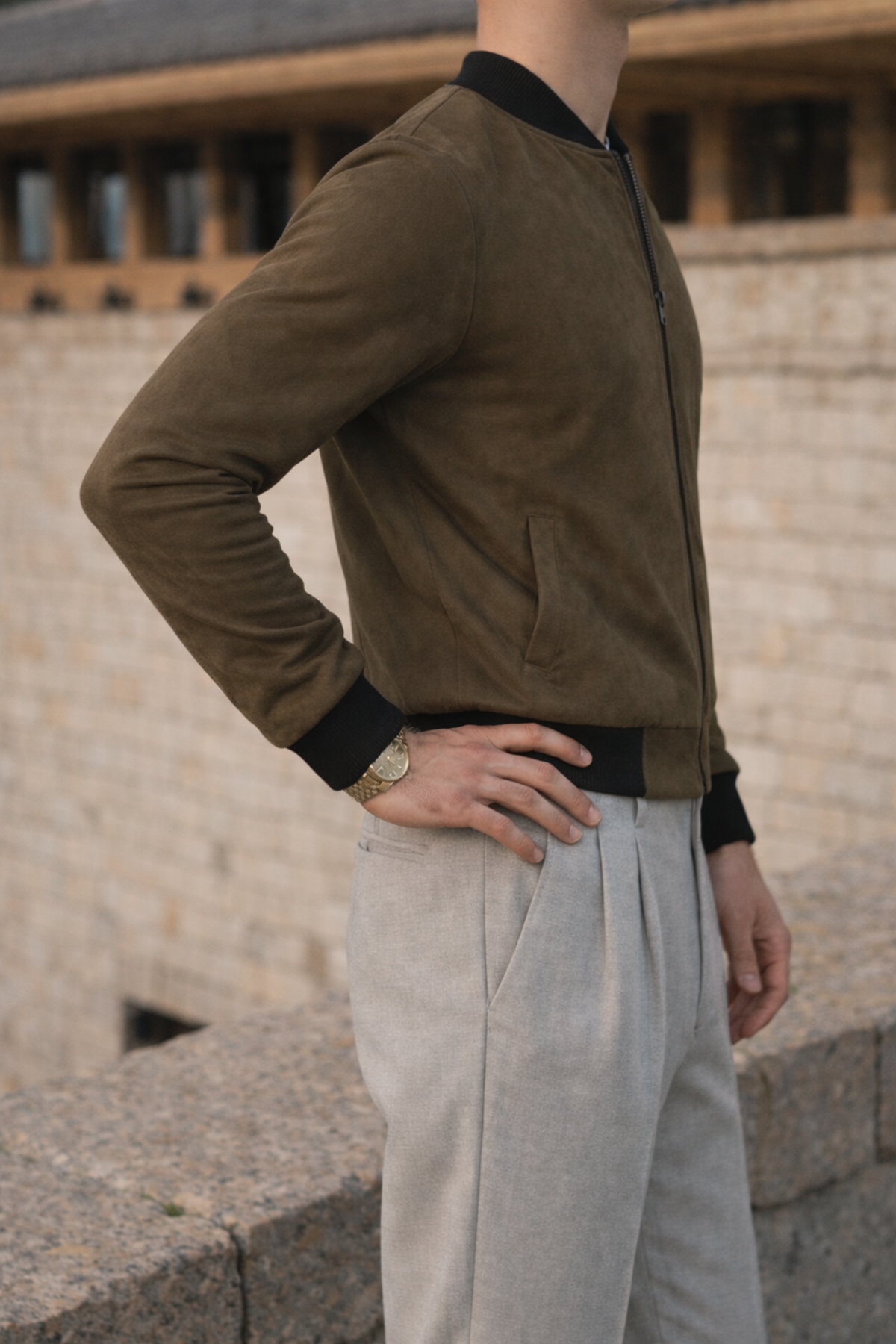 Erkek Smart Casual Haki Nubuk Ceket