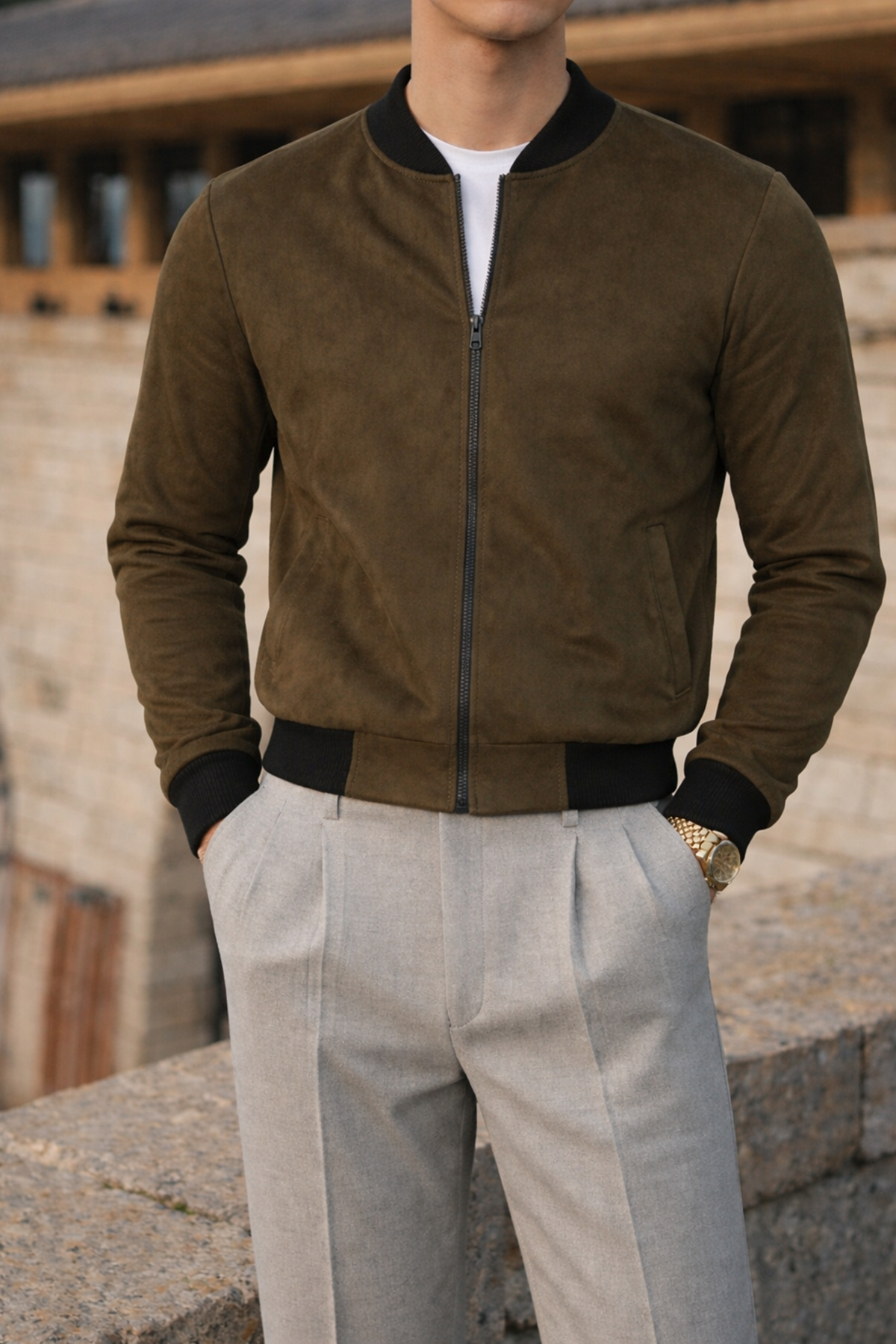 Erkek Smart Casual Haki Nubuk Ceket