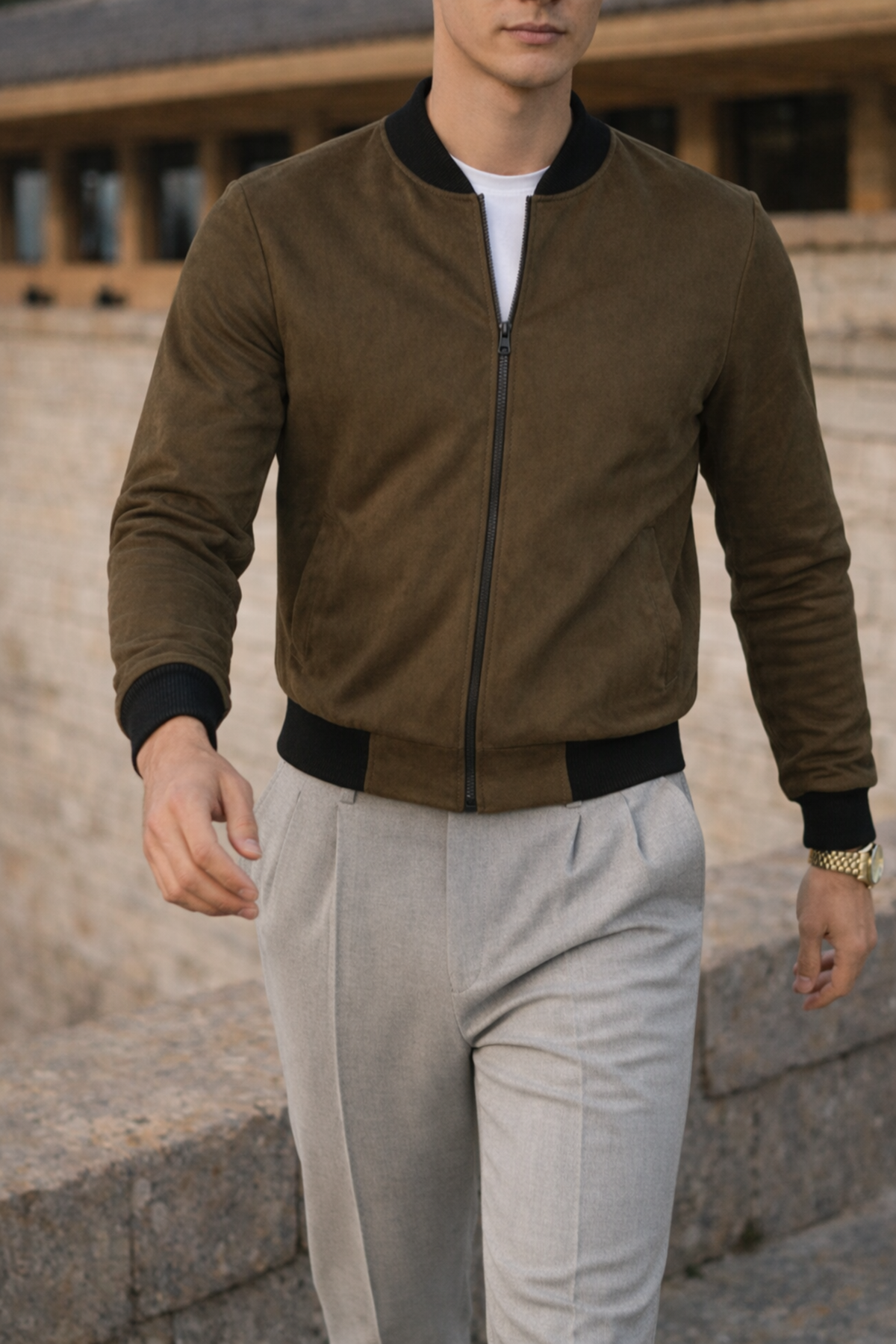 Erkek Smart Casual Haki Nubuk Ceket