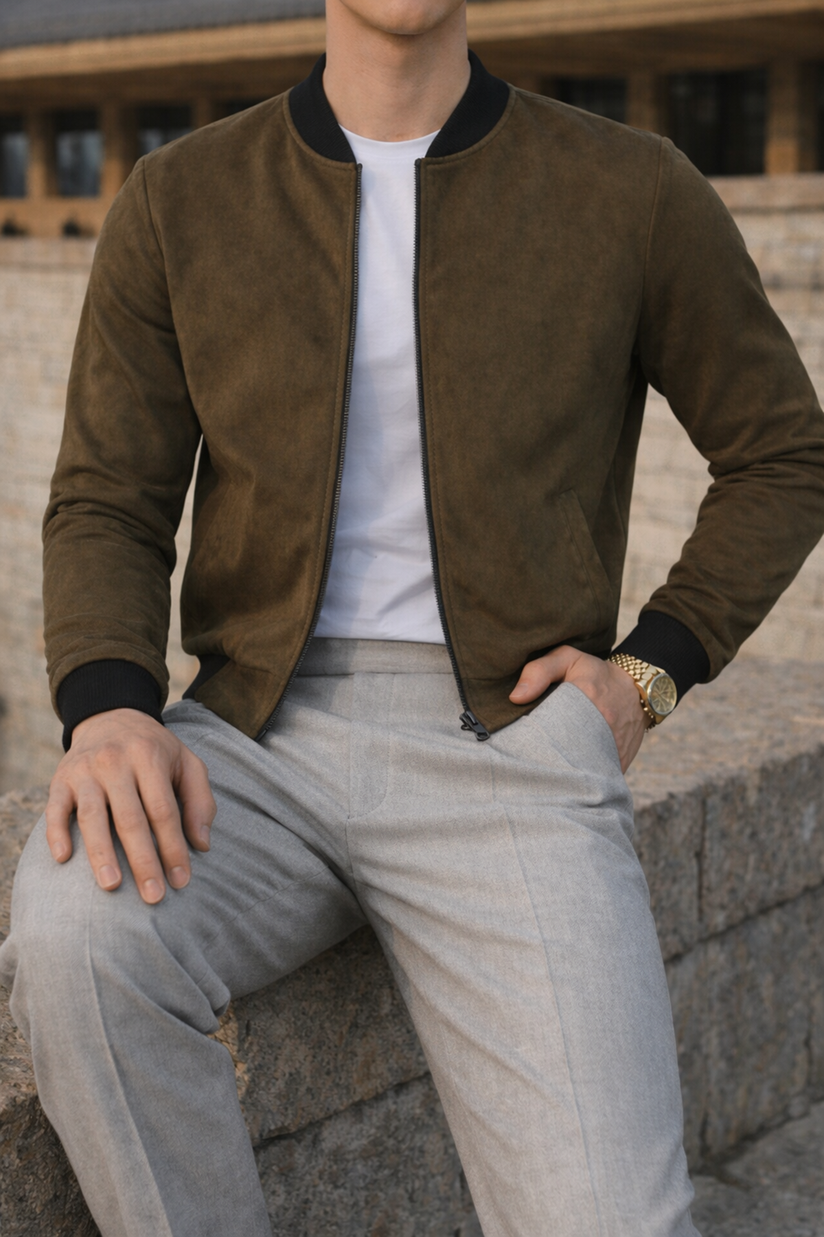 Erkek Smart Casual Haki Nubuk Ceket