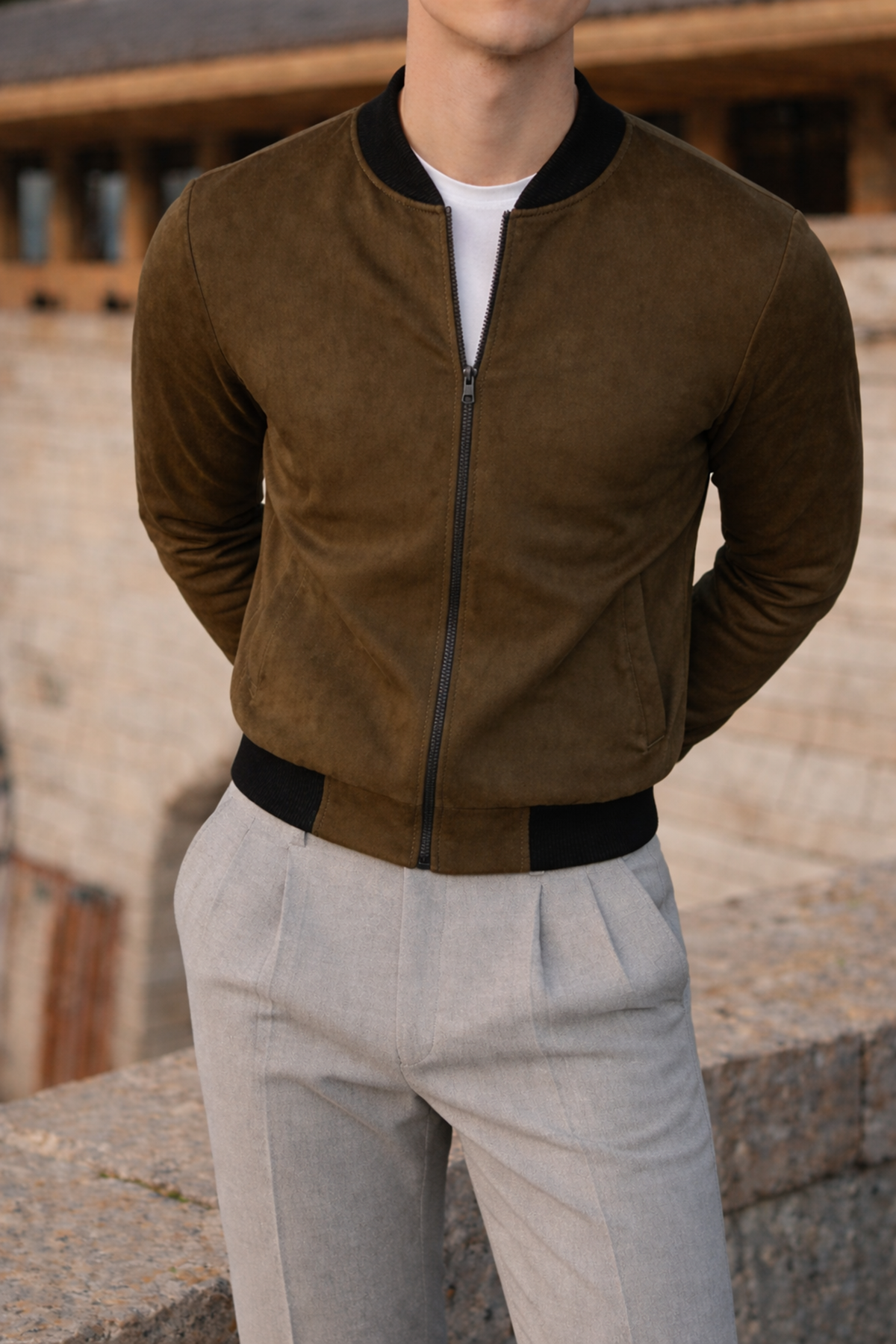 Erkek Smart Casual Haki Nubuk Ceket