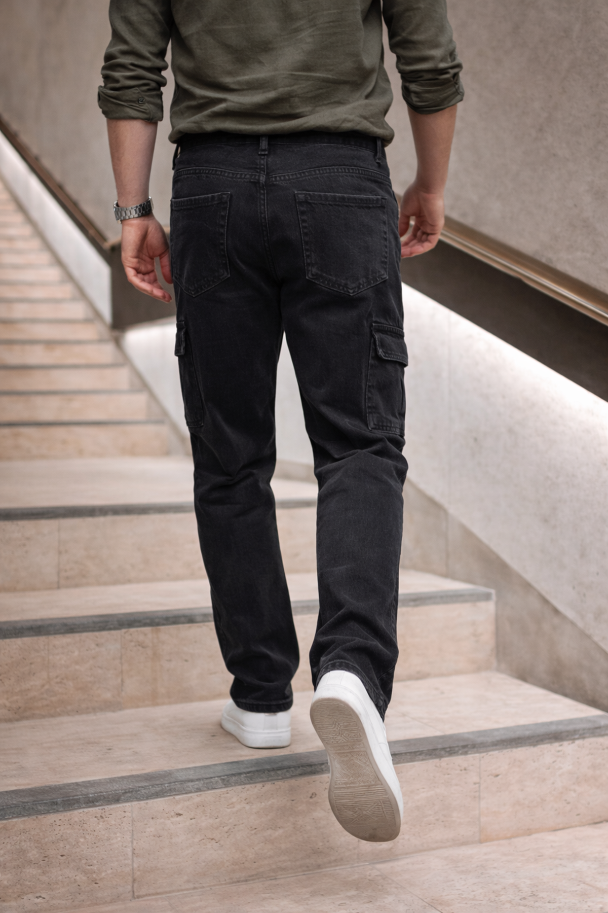 Erkek Yüksek Bel Bol Paça Füme Kargo Baggy Pantolon