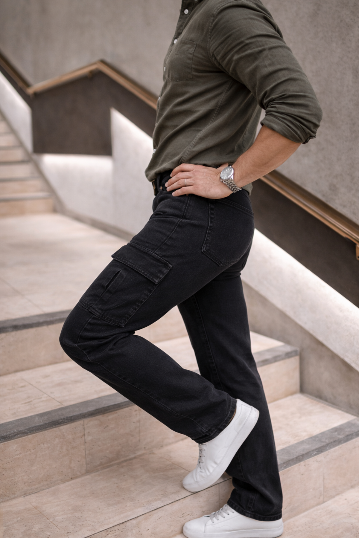 Erkek Yüksek Bel Bol Paça Füme Kargo Baggy Pantolon