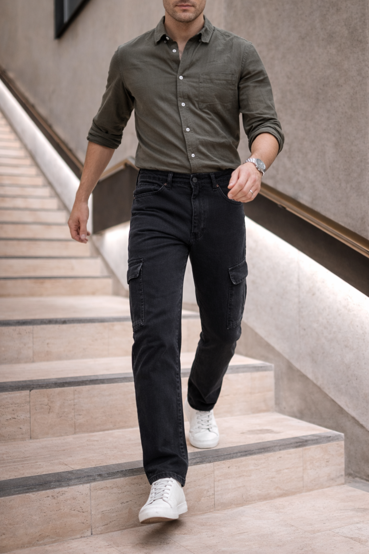 Erkek Yüksek Bel Bol Paça Füme Kargo Baggy Pantolon