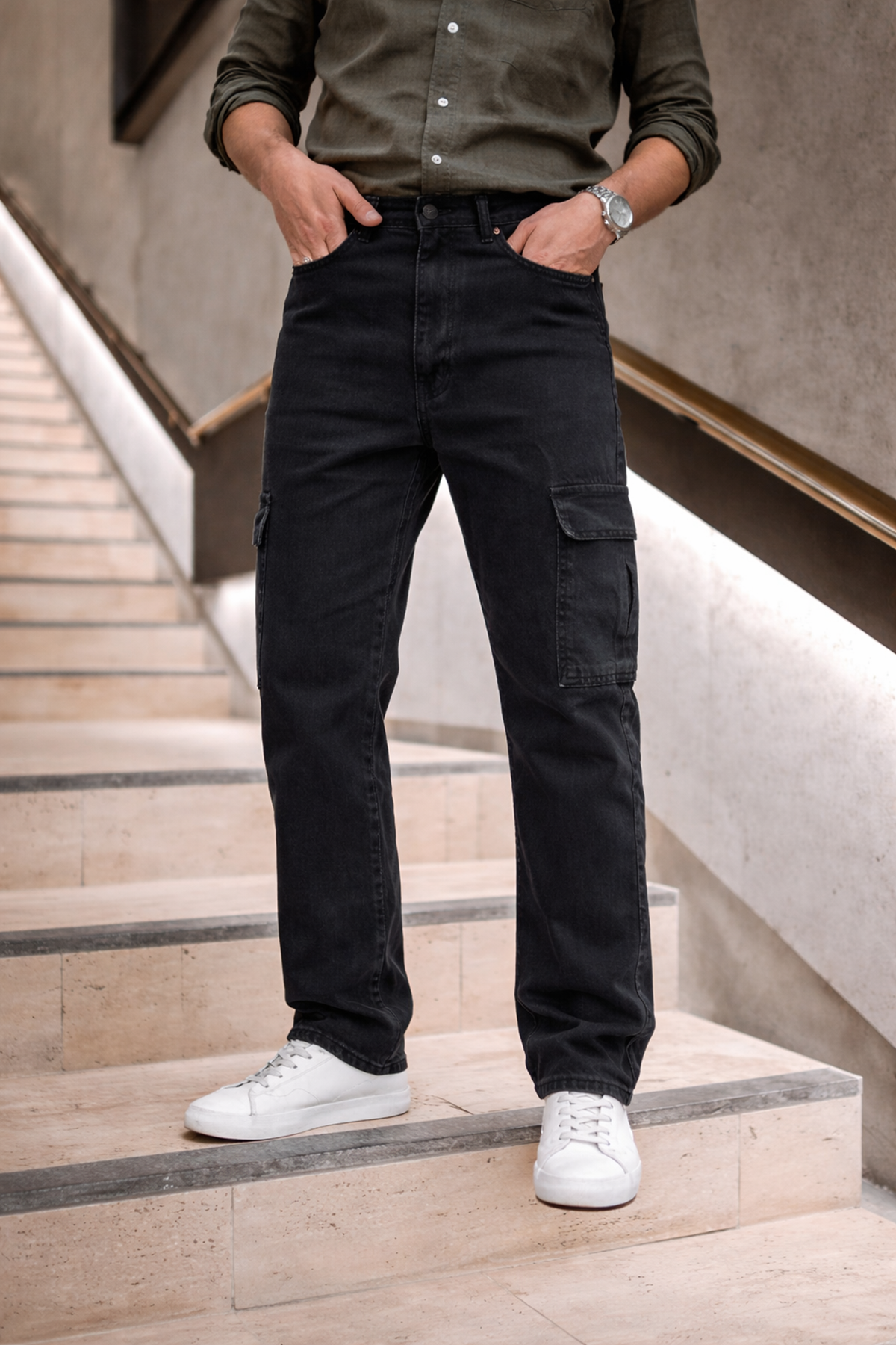 Erkek Yüksek Bel Bol Paça Füme Kargo Baggy Pantolon